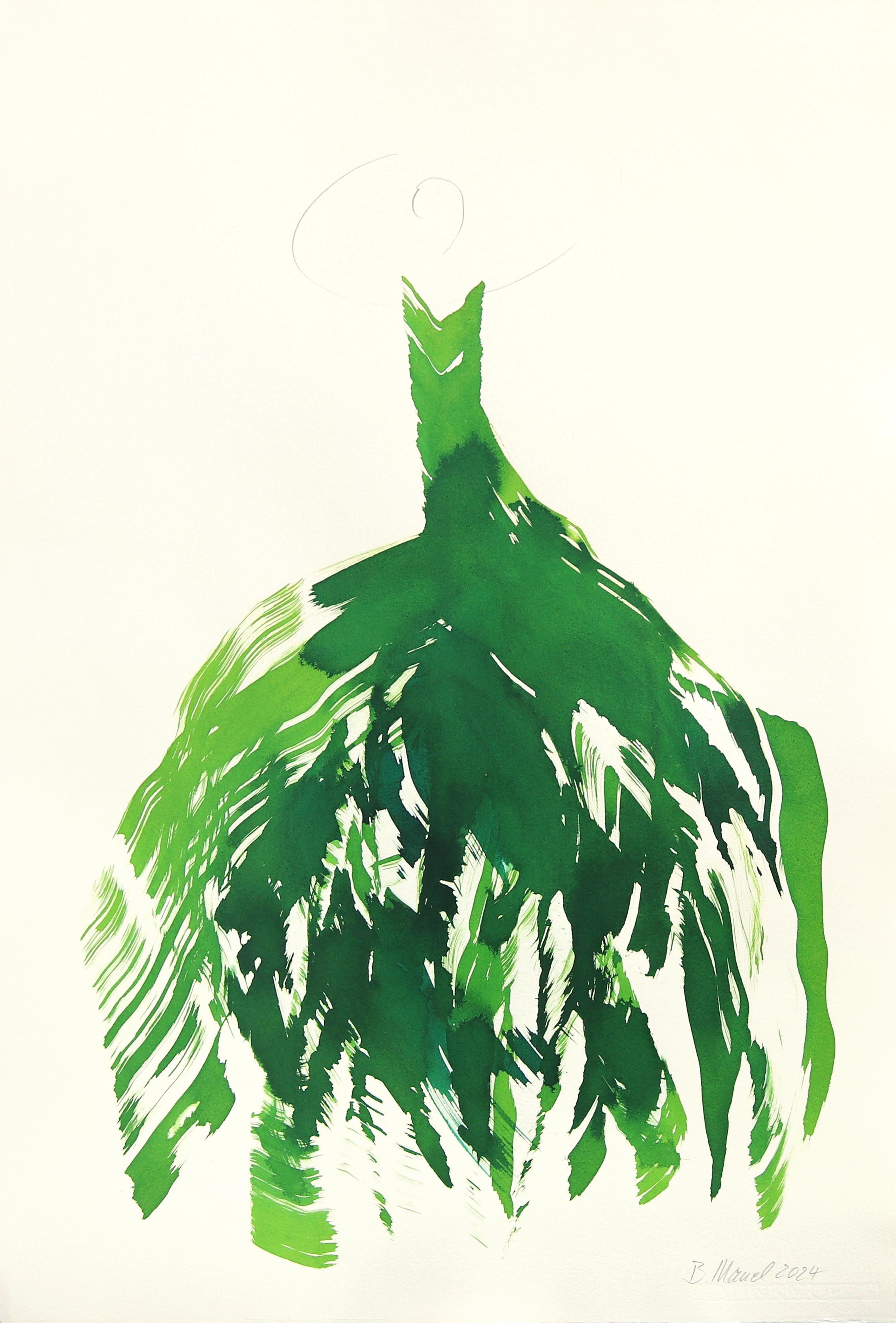 The Green Dress 11 - Peinture à l'encre figurative abstraite minimaliste sur papier
