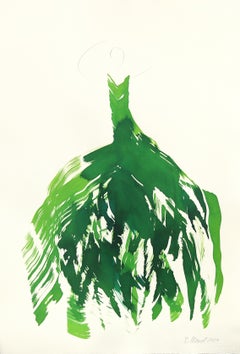 The Green Dress 11 - Peinture à l'encre figurative abstraite minimaliste sur papier