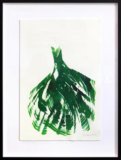 The Green Dress 12 - Minimalistisches figuratives gerahmtes Original-Tuschegemälde auf Papier