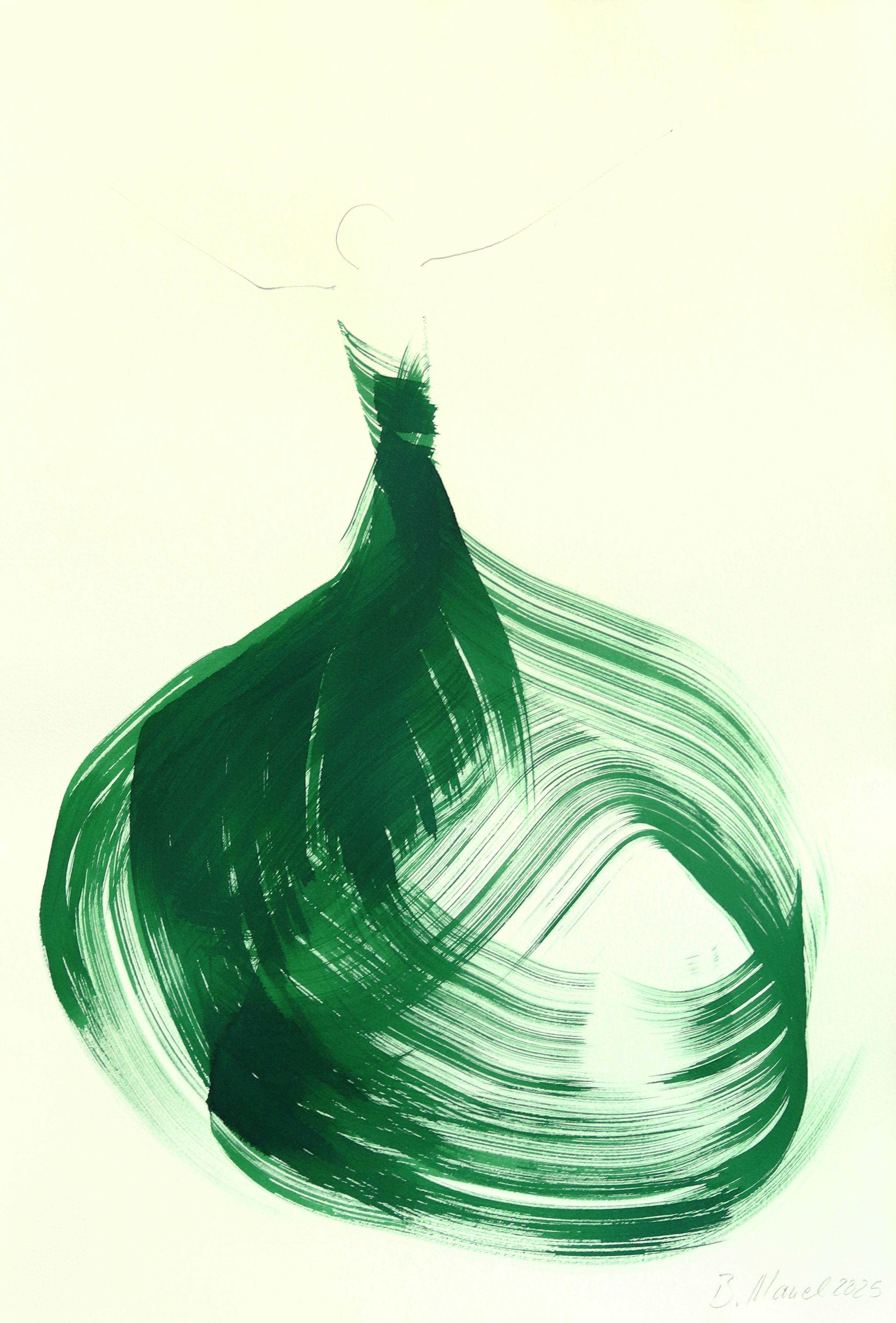 The Green Dress 25 - Abstract Flowy Minimalist Figurative Ink Painting on Paper