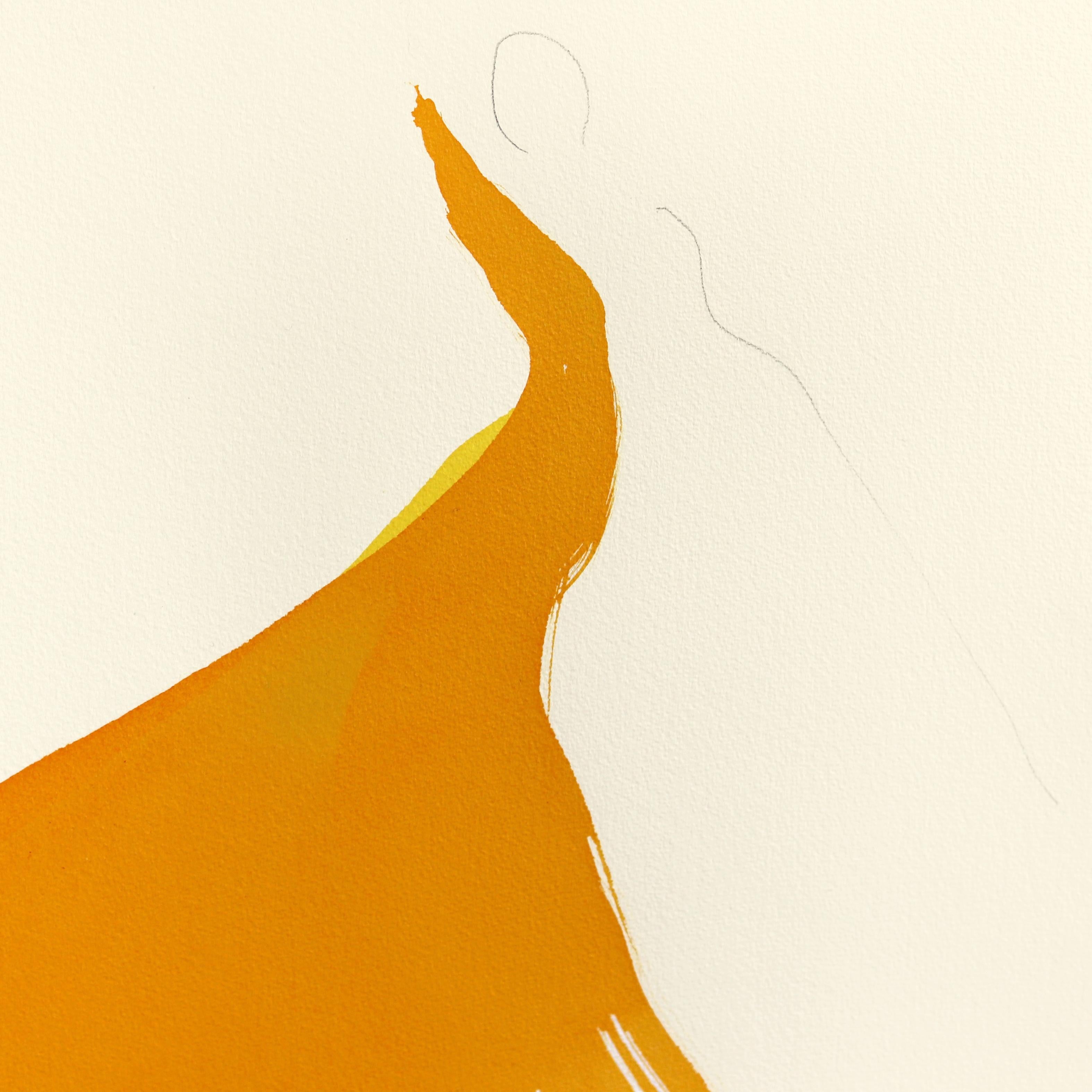 Das Ringelblumenkleid 4 - Minimalistische figurative Original-Tuschemalerei auf Papier – Painting von Bettina Mauel