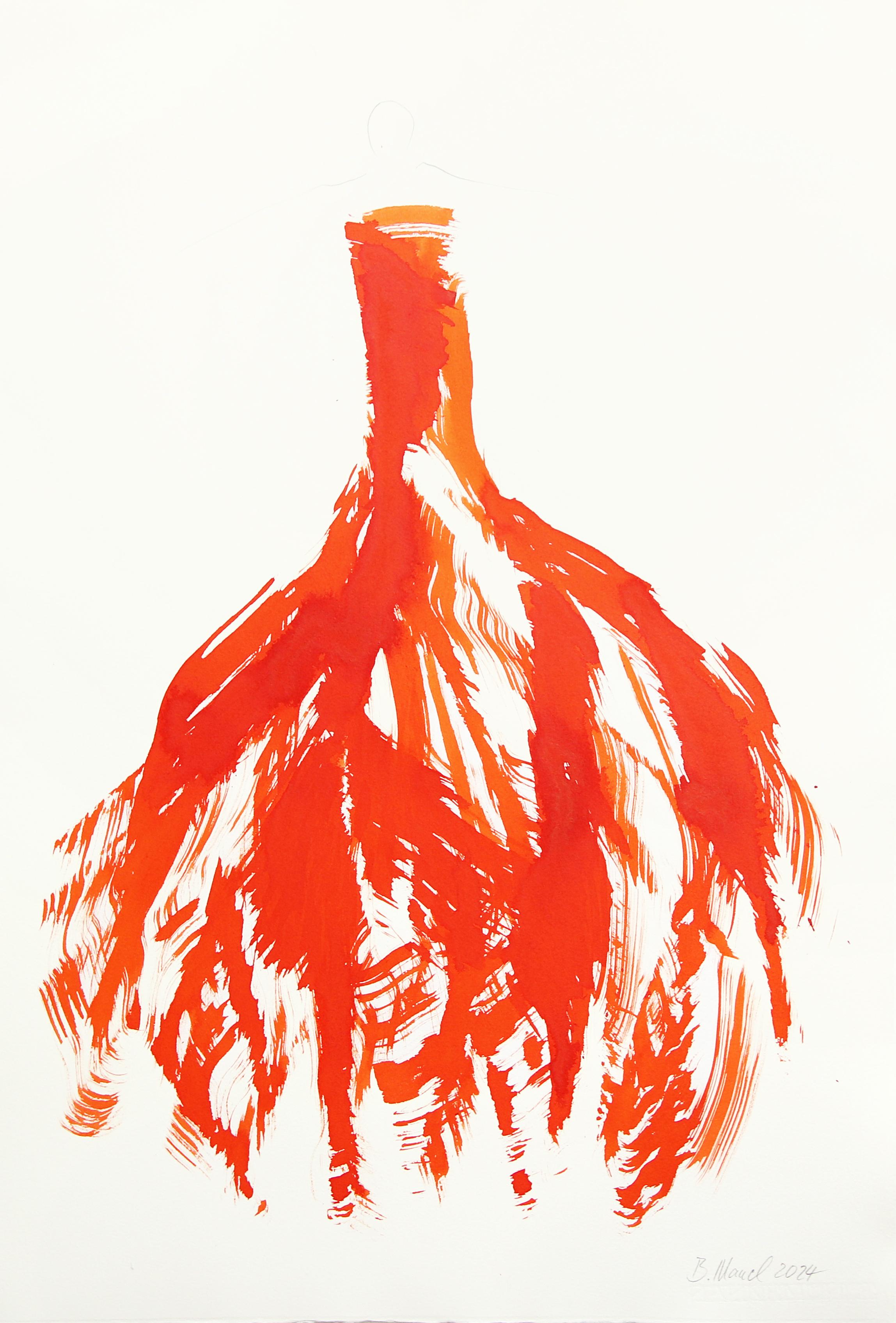 Das orangefarbene Tuch 3 - Abstrakte, fließende, minimalistische, figurative Tuschemalerei auf Papier