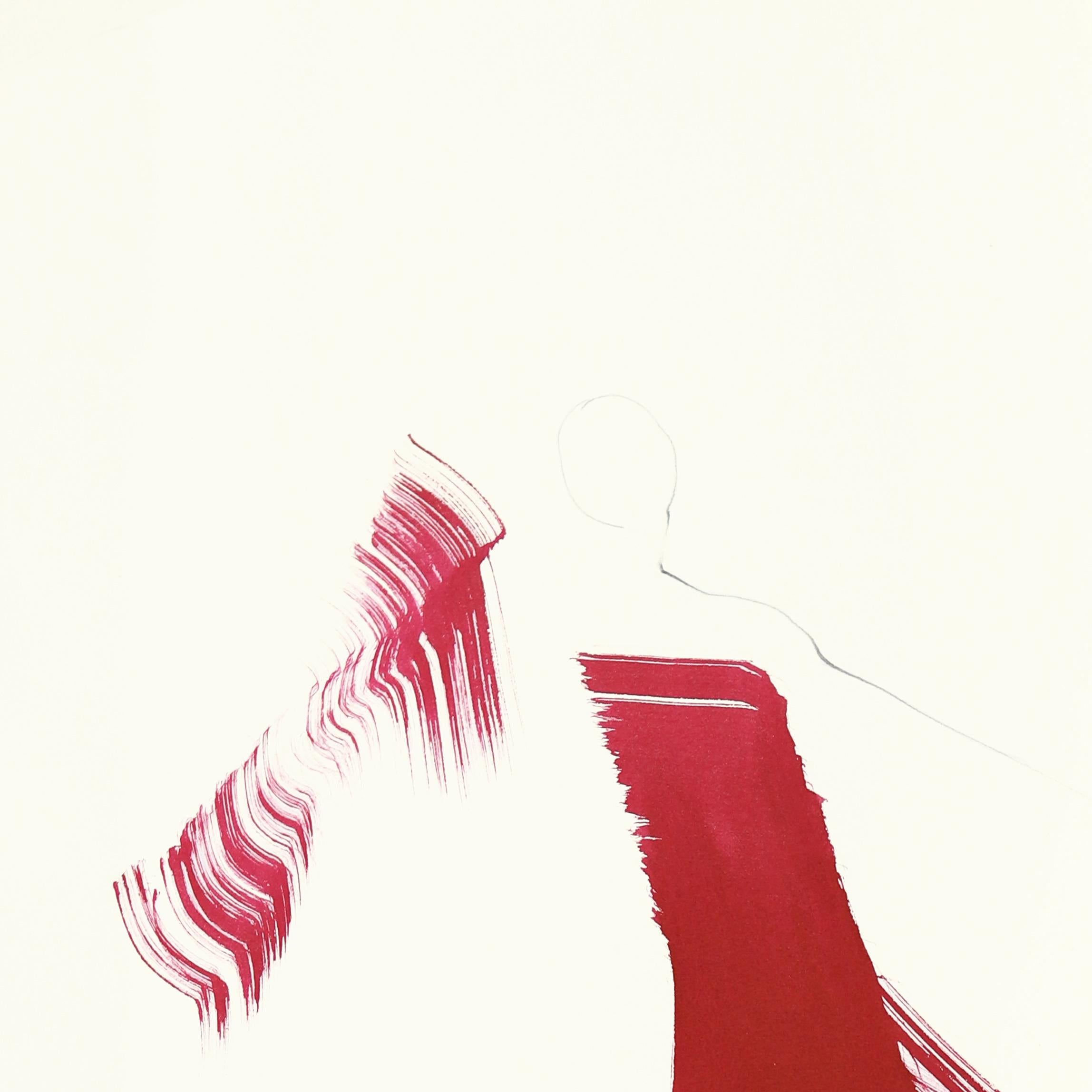 La tela roja 138 - Pintura figurativa minimalista a tinta original sobre papel - Painting Abstracto de Bettina Mauel