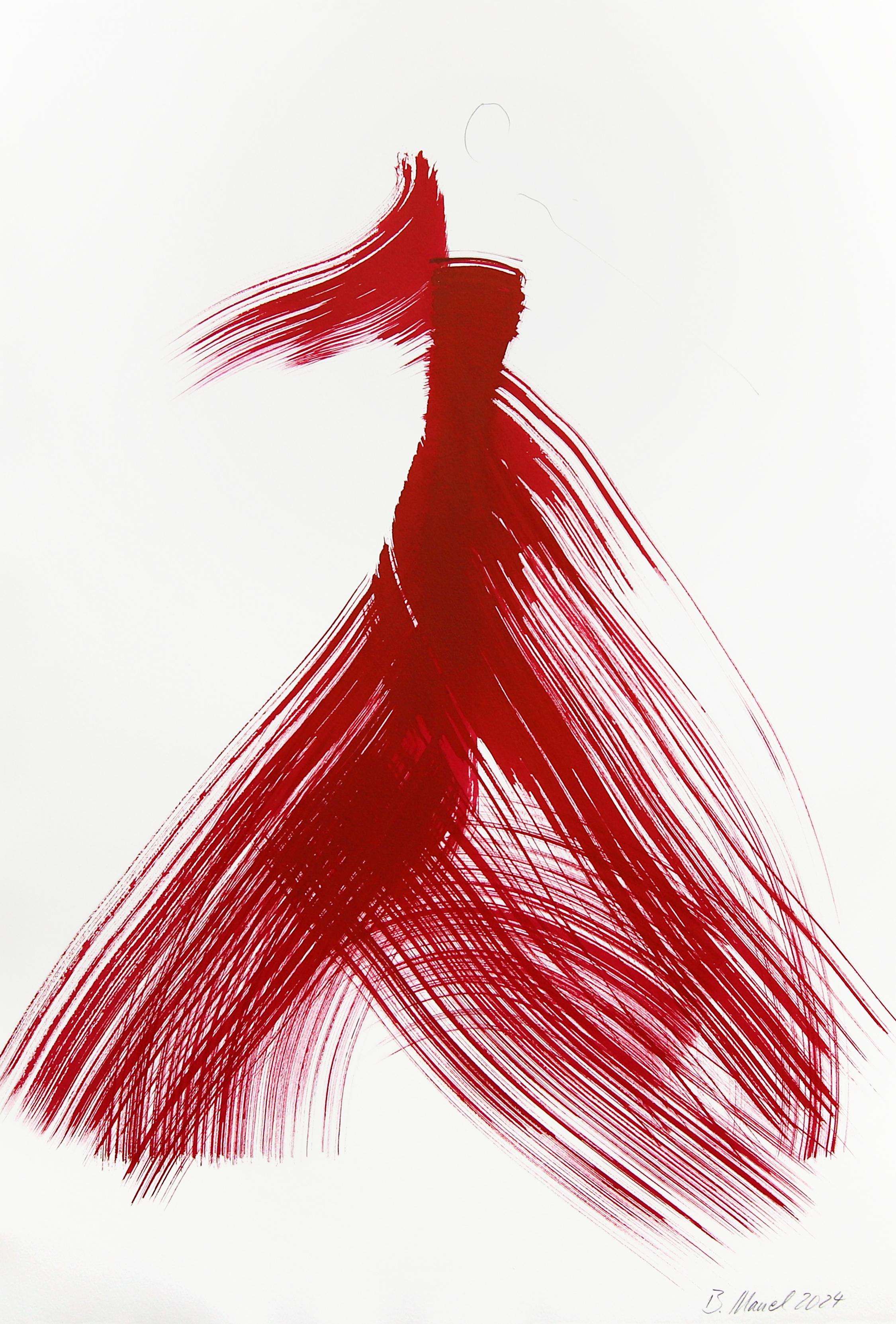 Das rote Tuch 153 - Abstrakte fließende minimalistische figurative Tuschemalerei auf Papier