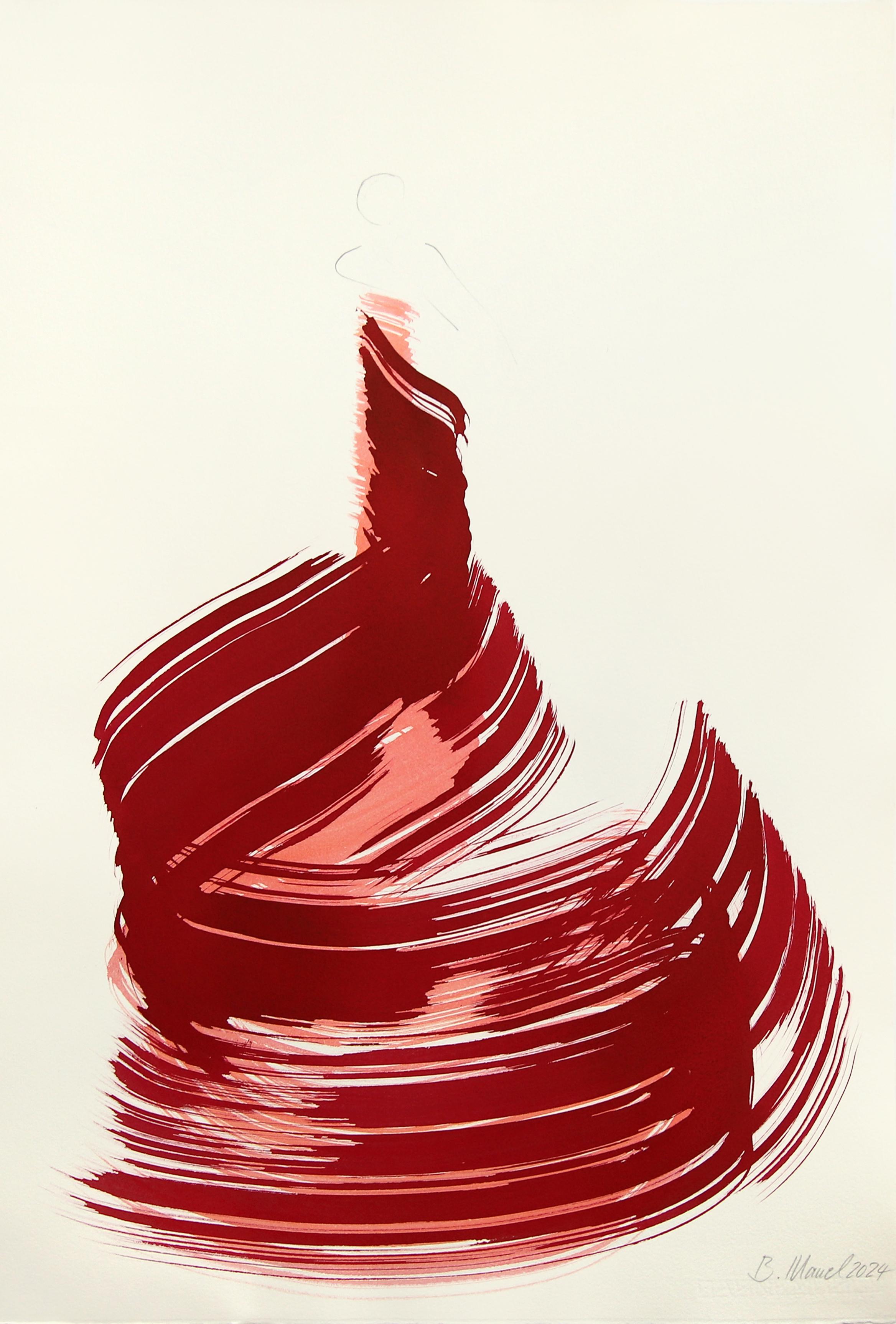 Figurative Painting de Bettina Mauel - La tela roja 157 - Pintura figurativa minimalista a tinta original sobre papel
