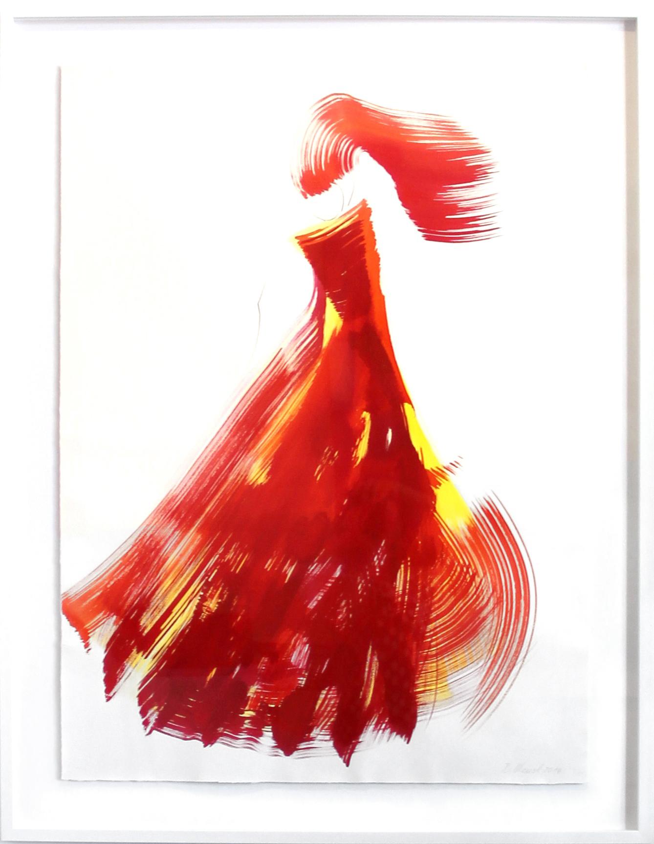 La tela roja 49 Pintura sobre papel abstracta figurativa original enmarcada con vestido rojo