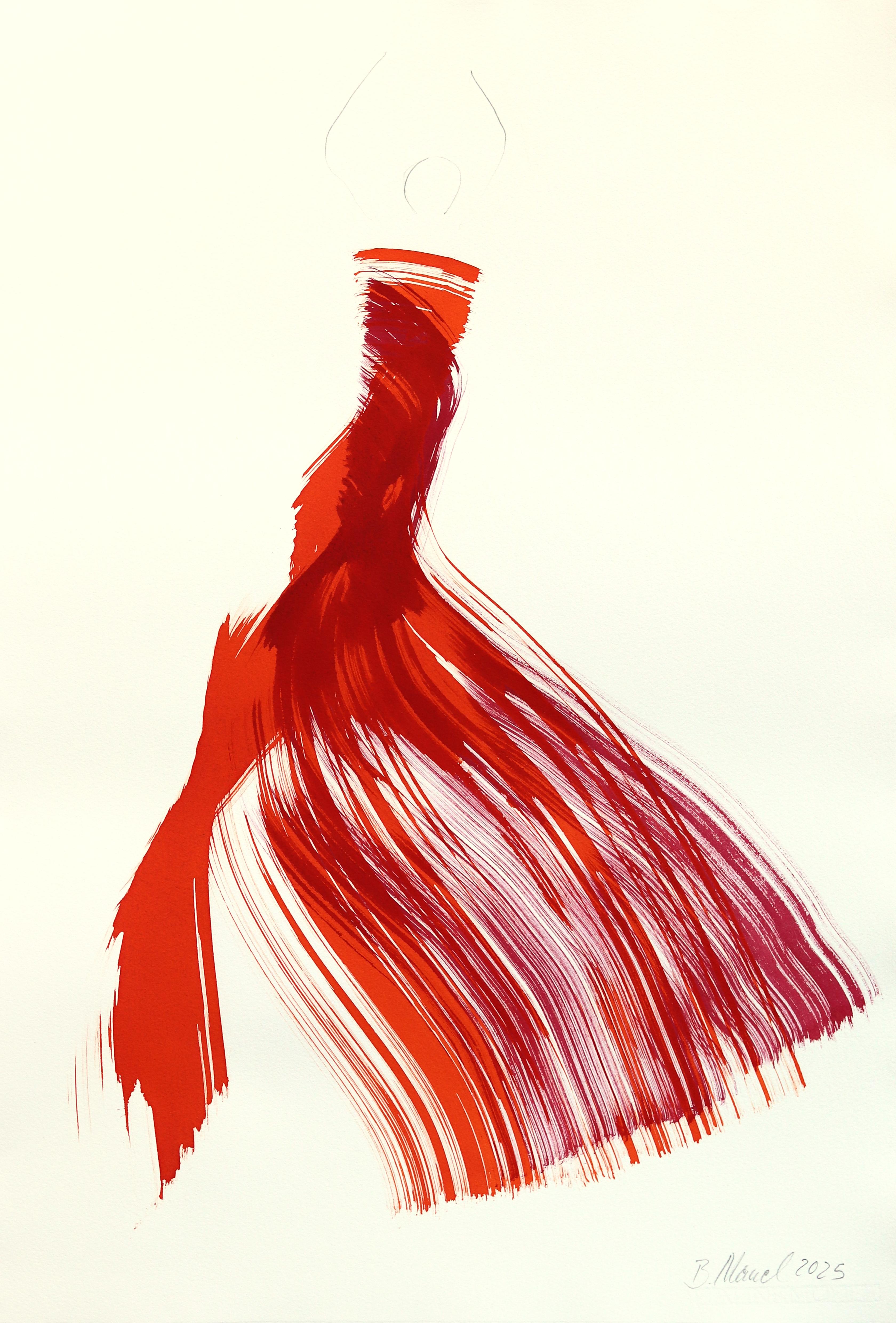 Das rote Kleid 12 - Abstrakte fließende minimalistische figurative Tuschemalerei auf Papier
