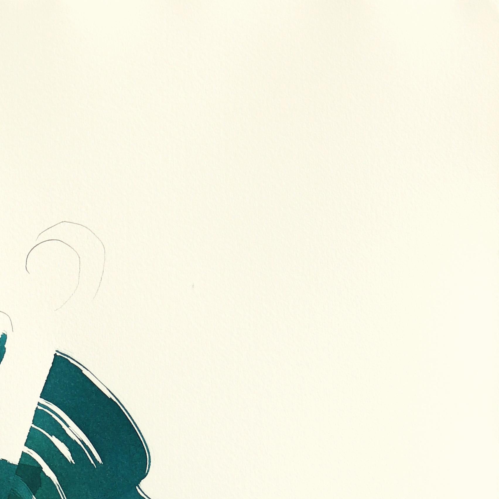 The Teal Dress 2 - Abstract Minimalist Figurative Original Ink Painting on Paper For Sale 1