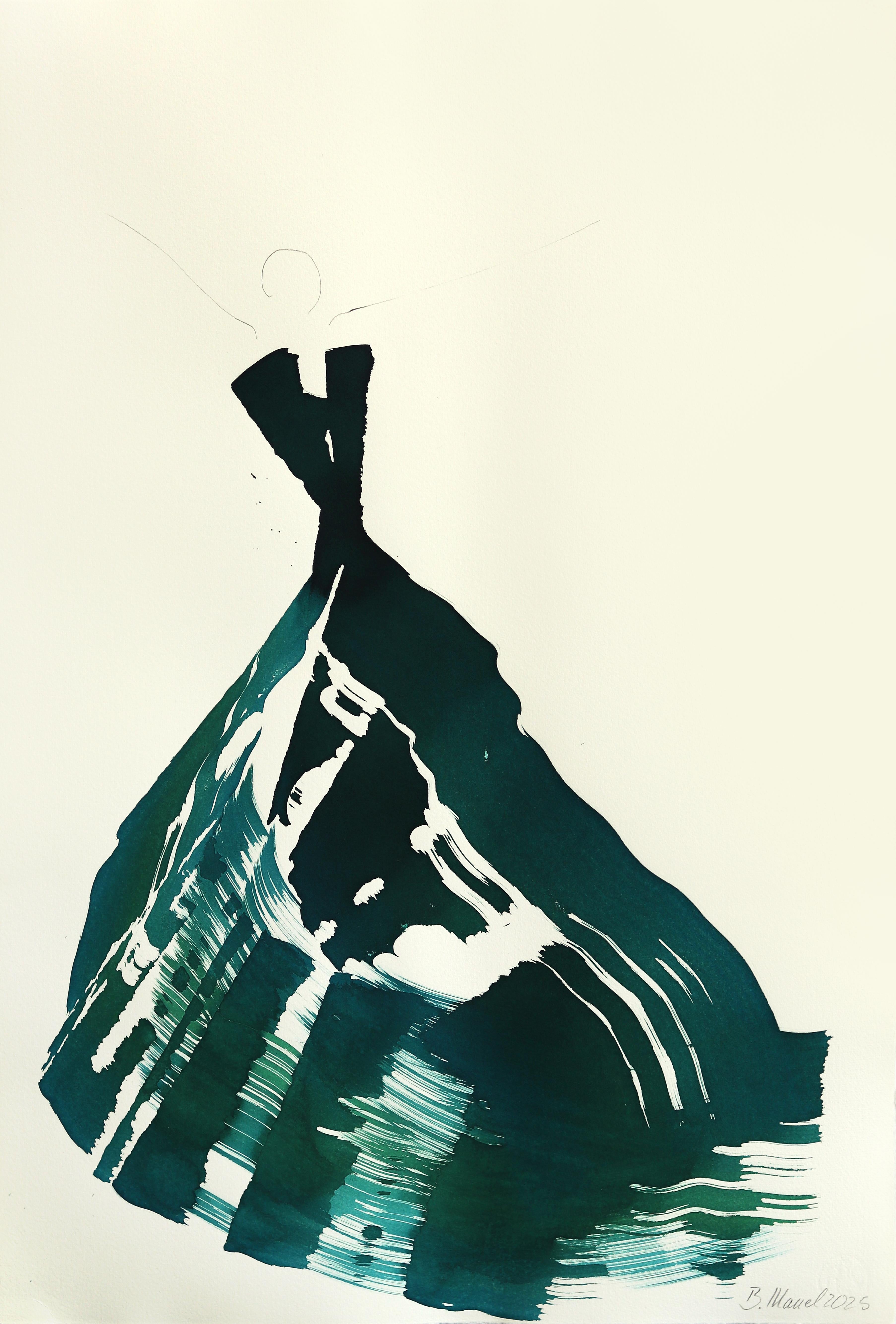 The Teal Dress 3 - Abstrakte fließende minimalistische figurative Tuschemalerei auf Papier