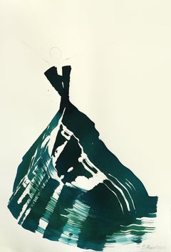 El vestido verde azulado 3 - Pintura figurativa minimalista abstracta fluida a tinta sobre papel