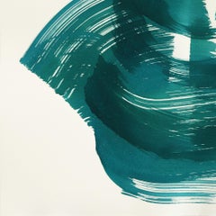 The Teal Dress 5 - Abstrakte fließende minimalistische figurative Tuschemalerei auf Papier