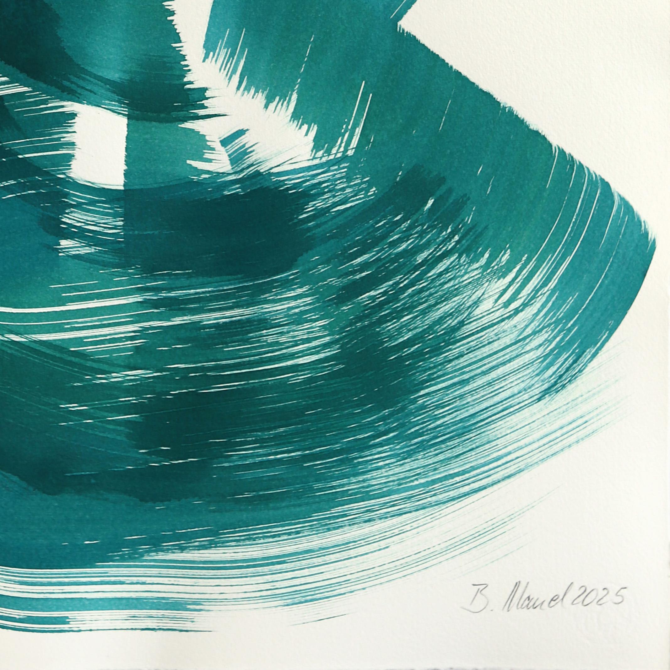 The Teal Dress 5 - Abstract Flowy Minimalist Figurative Ink Painting on Paper For Sale 2
