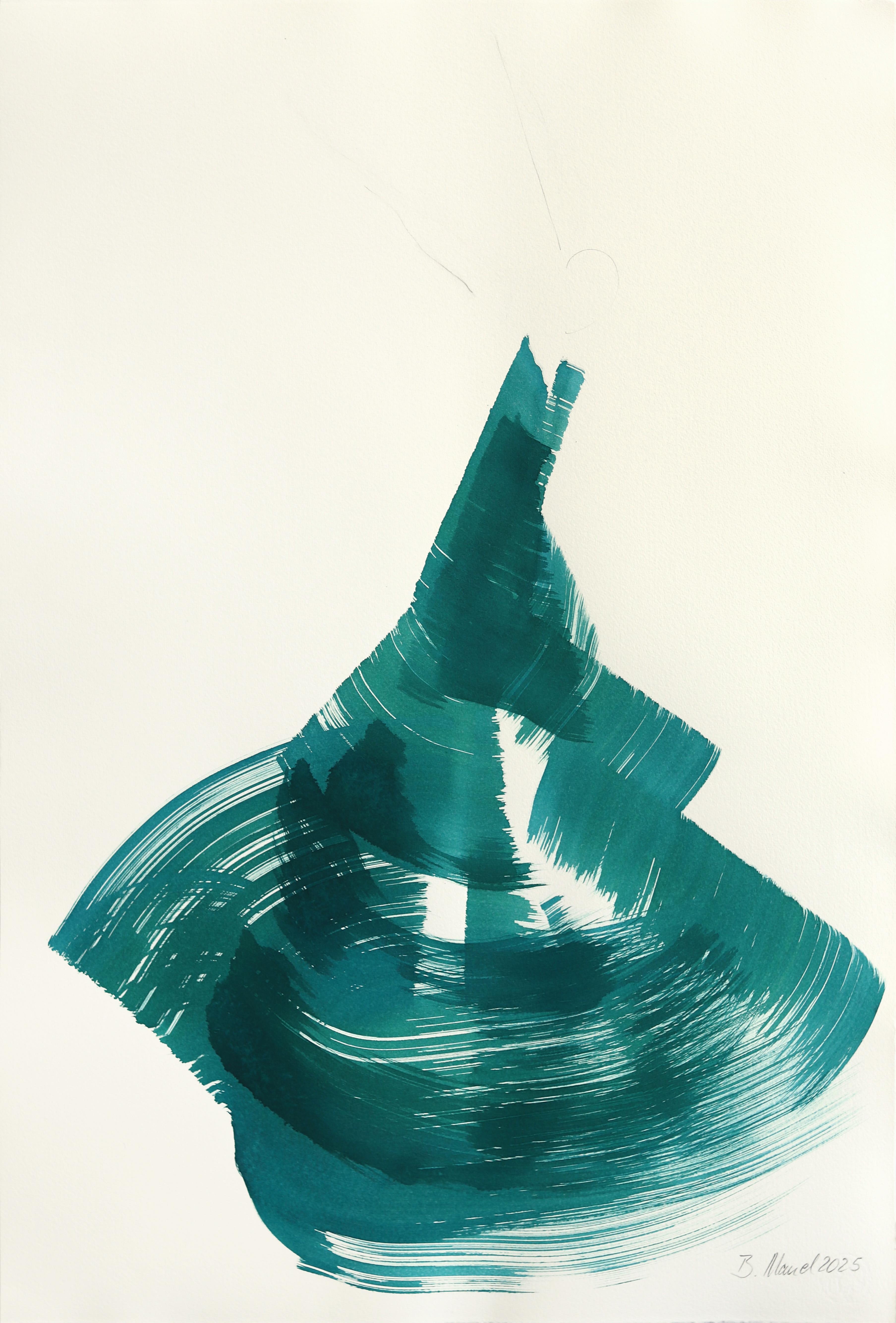 Bettina Mauel Abstract Painting - The Teal Dress 5 - Abstract Flowy Minimalist Figurative Ink Painting on Paper