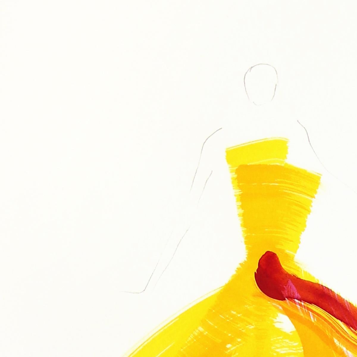 El Vestido Amarillo 1 - Amarillo Fucsia Minimalista Figurativo Pintura a Tinta Original - Painting de Bettina Mauel
