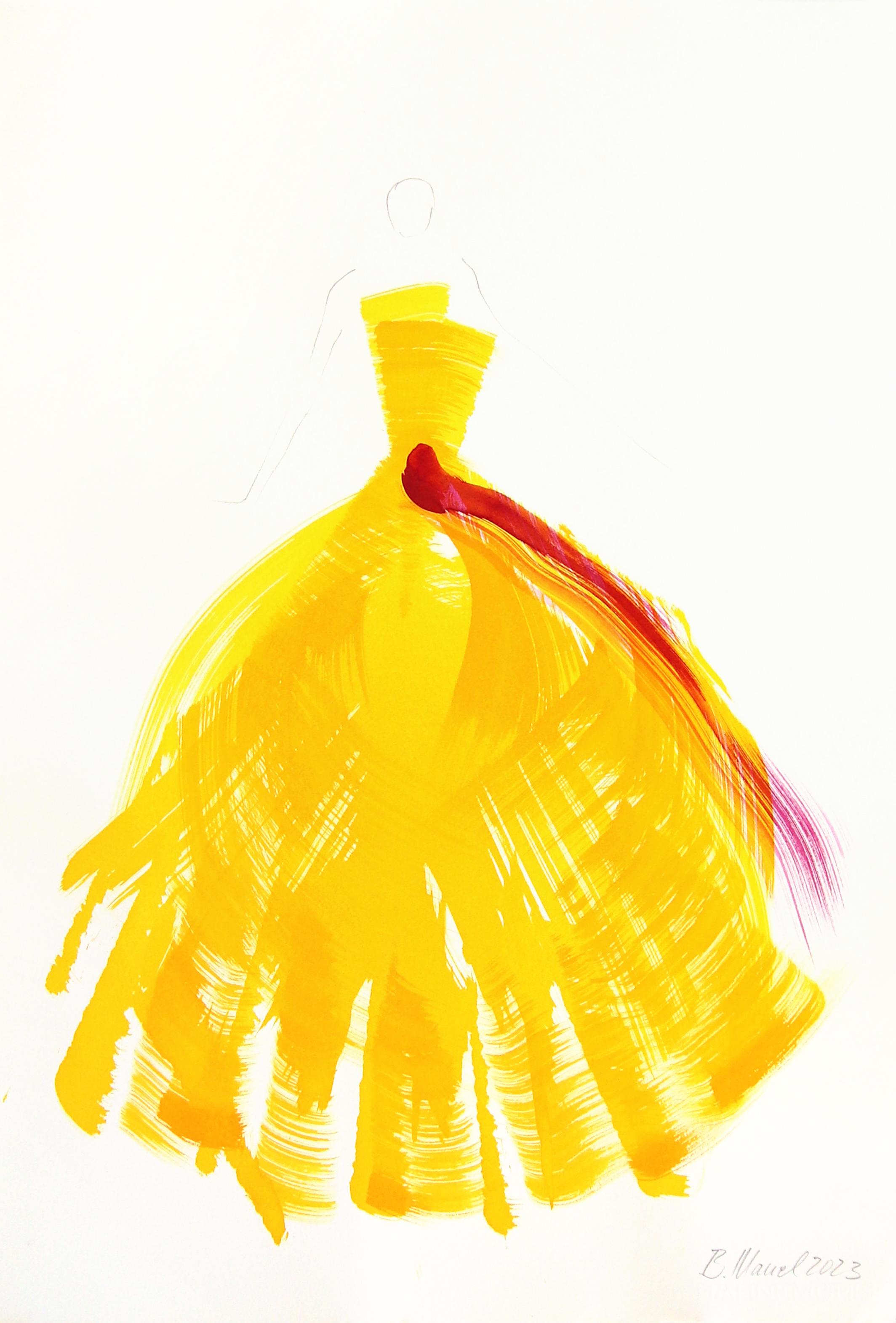 The Yellow Dress 1 - Peinture à l'encre originale figurative minimaliste jaune fuchsia