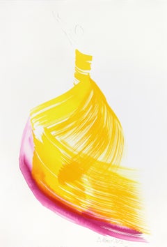The Yellow Dress 2 - Peinture à l'encre originale figurative minimaliste jaune fuchsia