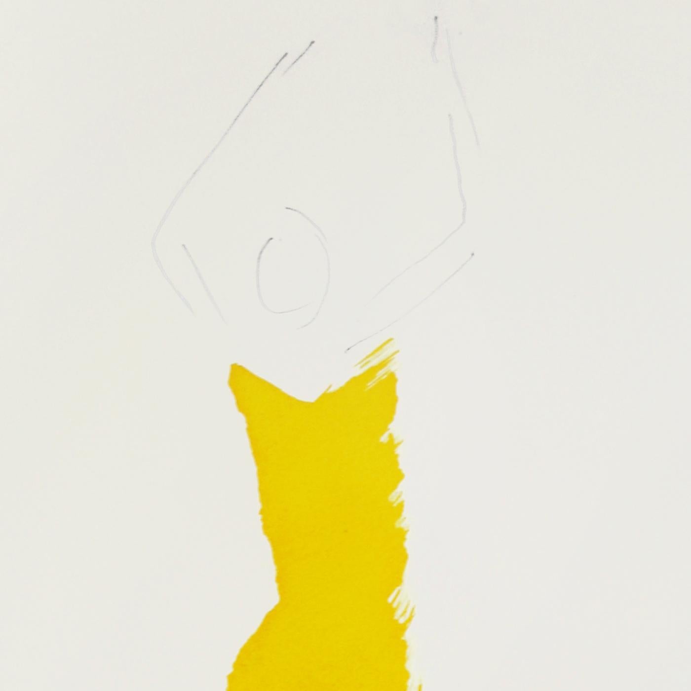The Yellow Dress 4 - Yellow Minimalist Original Figurative Ink Painting For Sale 1