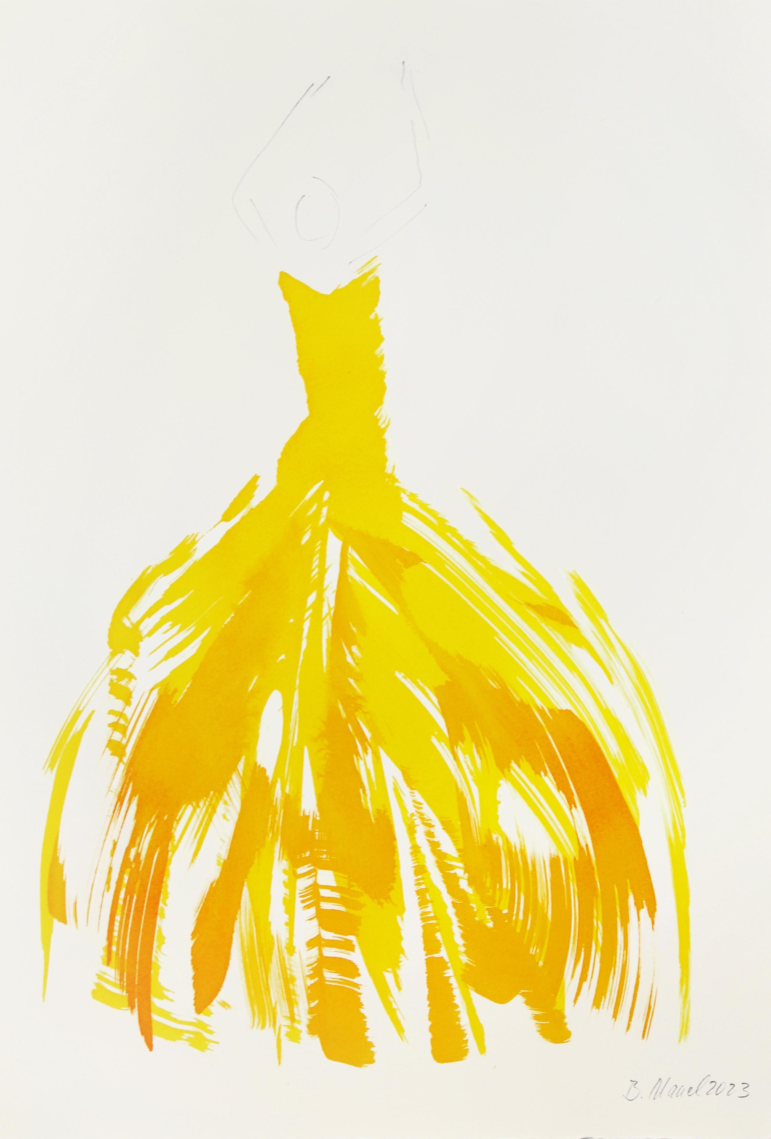 The Yellow Dress 4 - Gelbes minimalistisches Original-Figuratives Tuschegemälde