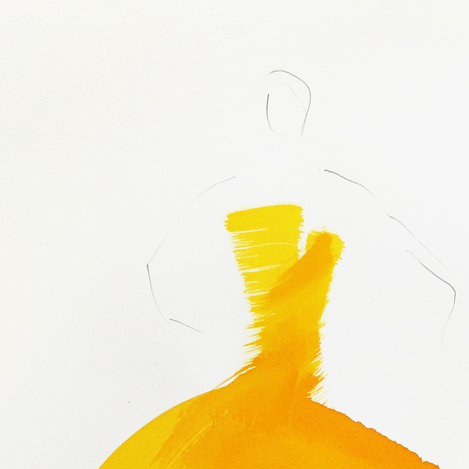 The Yellow Dress 5 - Yellown Minimalist Figurative Original Ink Painting For Sale 2
