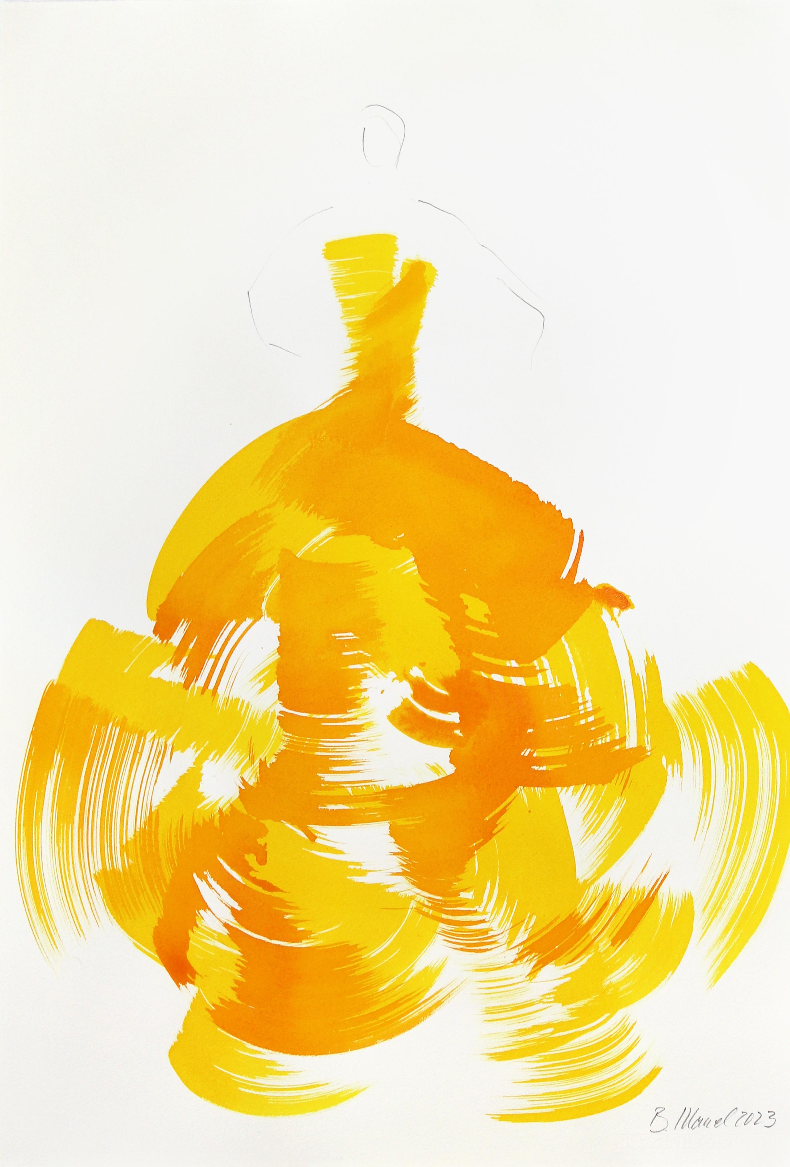Bettina Mauel Figurative Painting – The Yellow Dress 5 - Gelbes minimalistisches figuratives Original-Tintegemälde