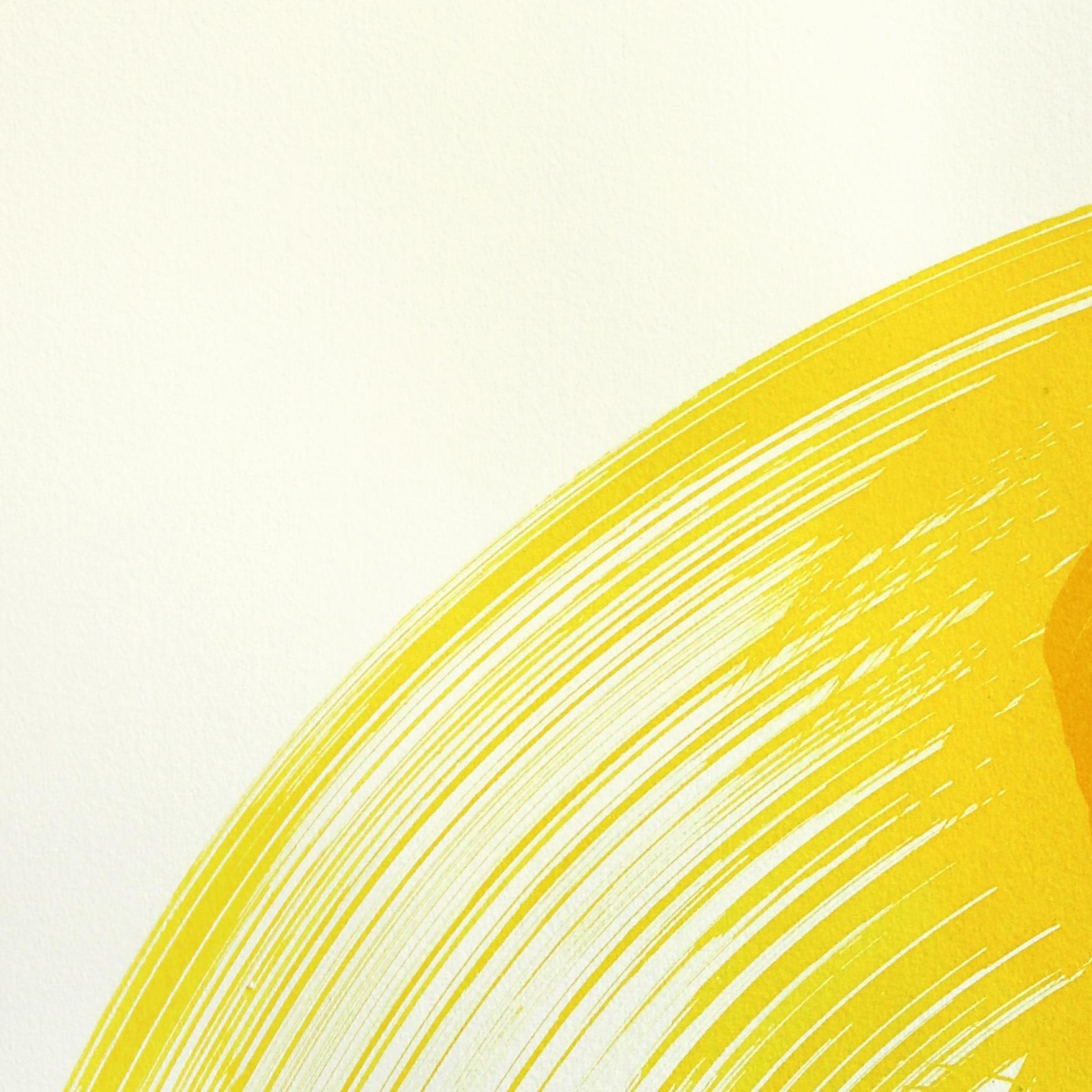 The Yellow Dress 9 - Abstract Flowy Minimalist Figurative Ink Painting on Paper - White Abstract Painting by Bettina Mauel