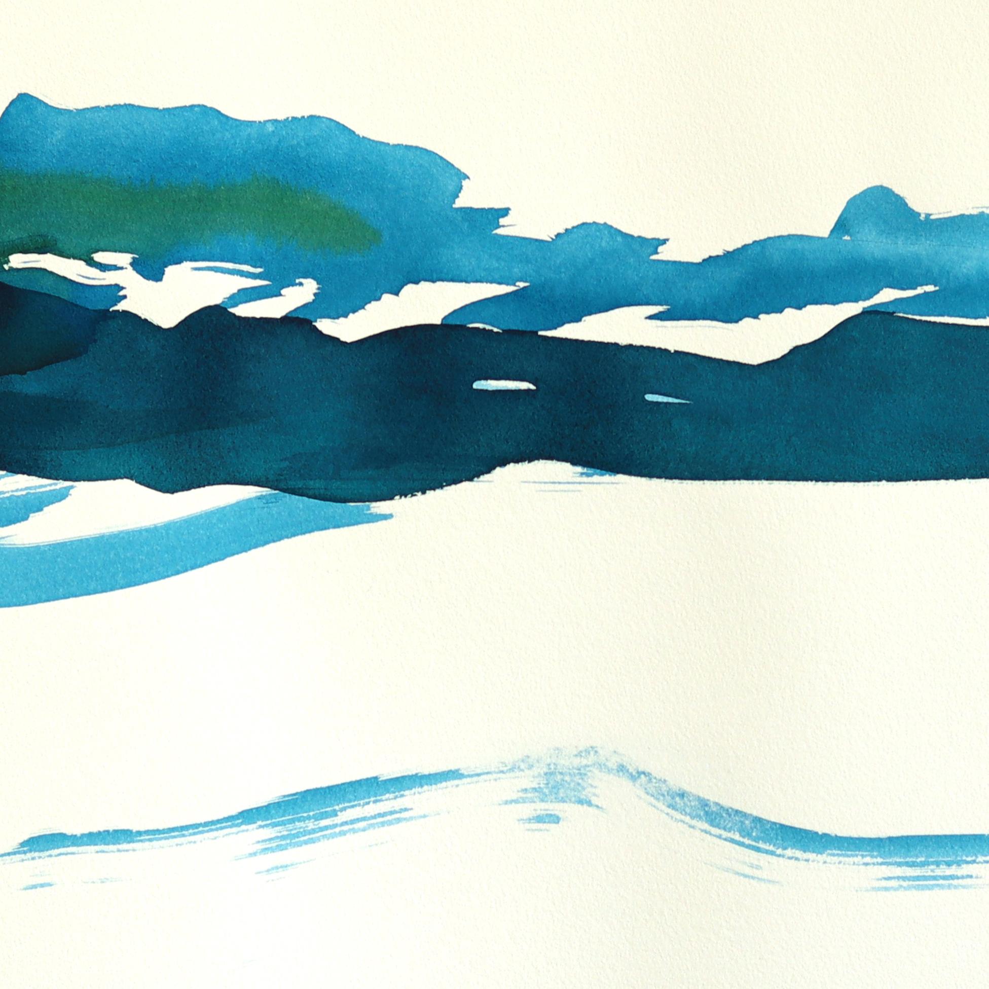 Twilight Landscape 2 - Abstrakte ausdrucksstarke erdblaue Tuschemalerei auf Papier – Painting von Bettina Mauel