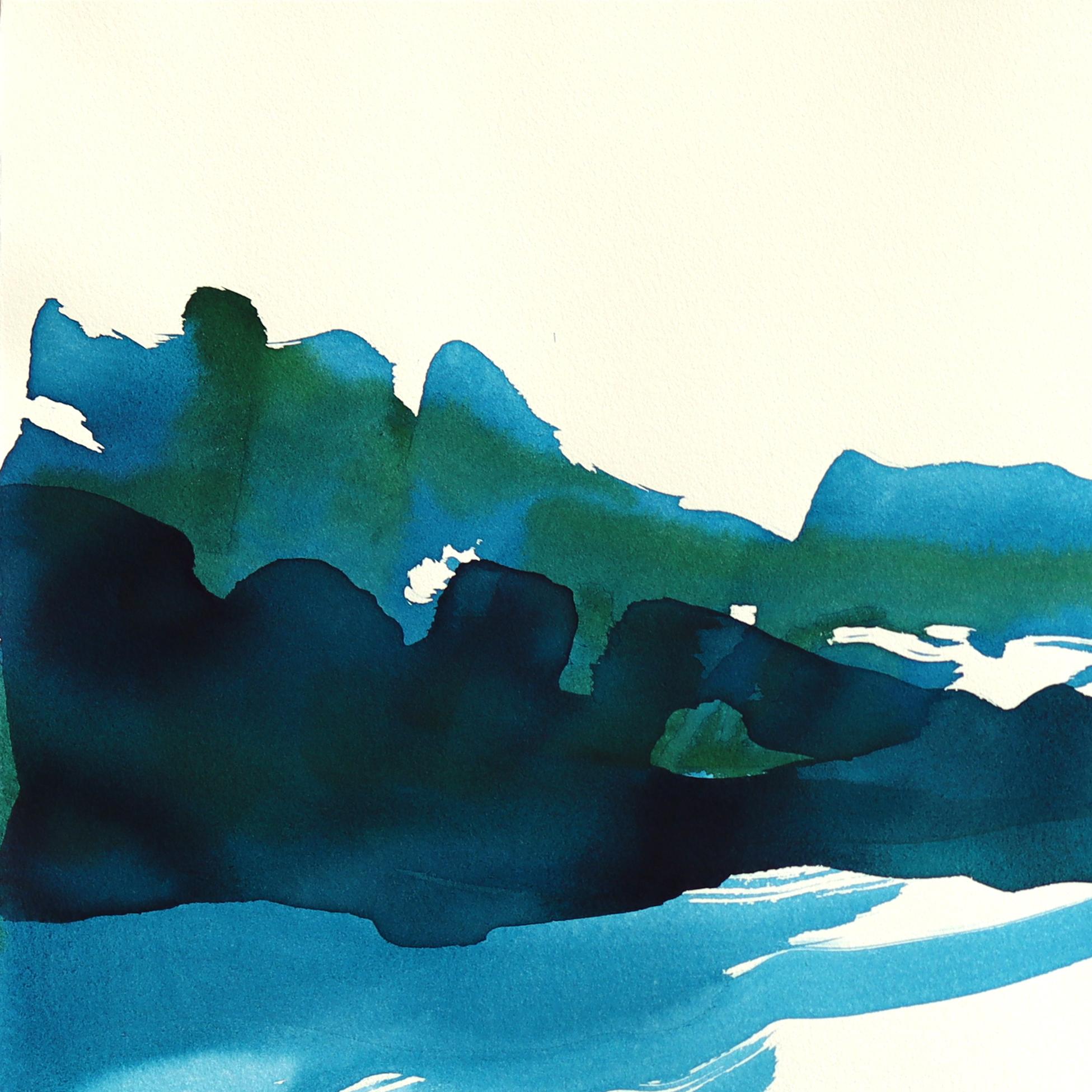 Twilight Landscape 2 - Abstrakte ausdrucksstarke erdblaue Tuschemalerei auf Papier (Weiß), Landscape Painting, von Bettina Mauel