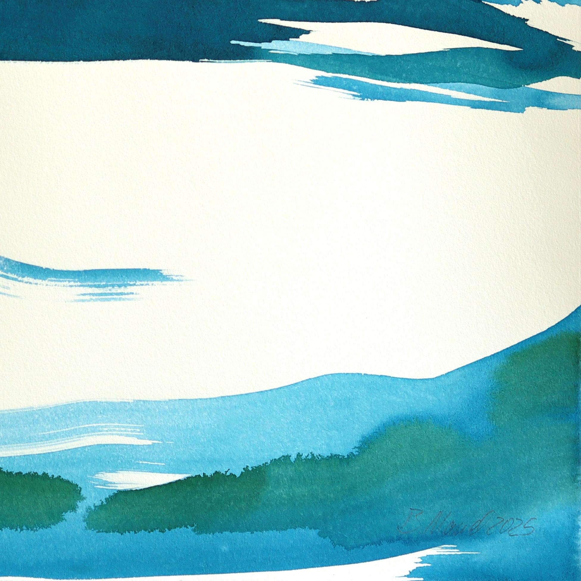 Twilight Landscape 2 - Abstrakte ausdrucksstarke erdblaue Tuschemalerei auf Papier im Angebot 1