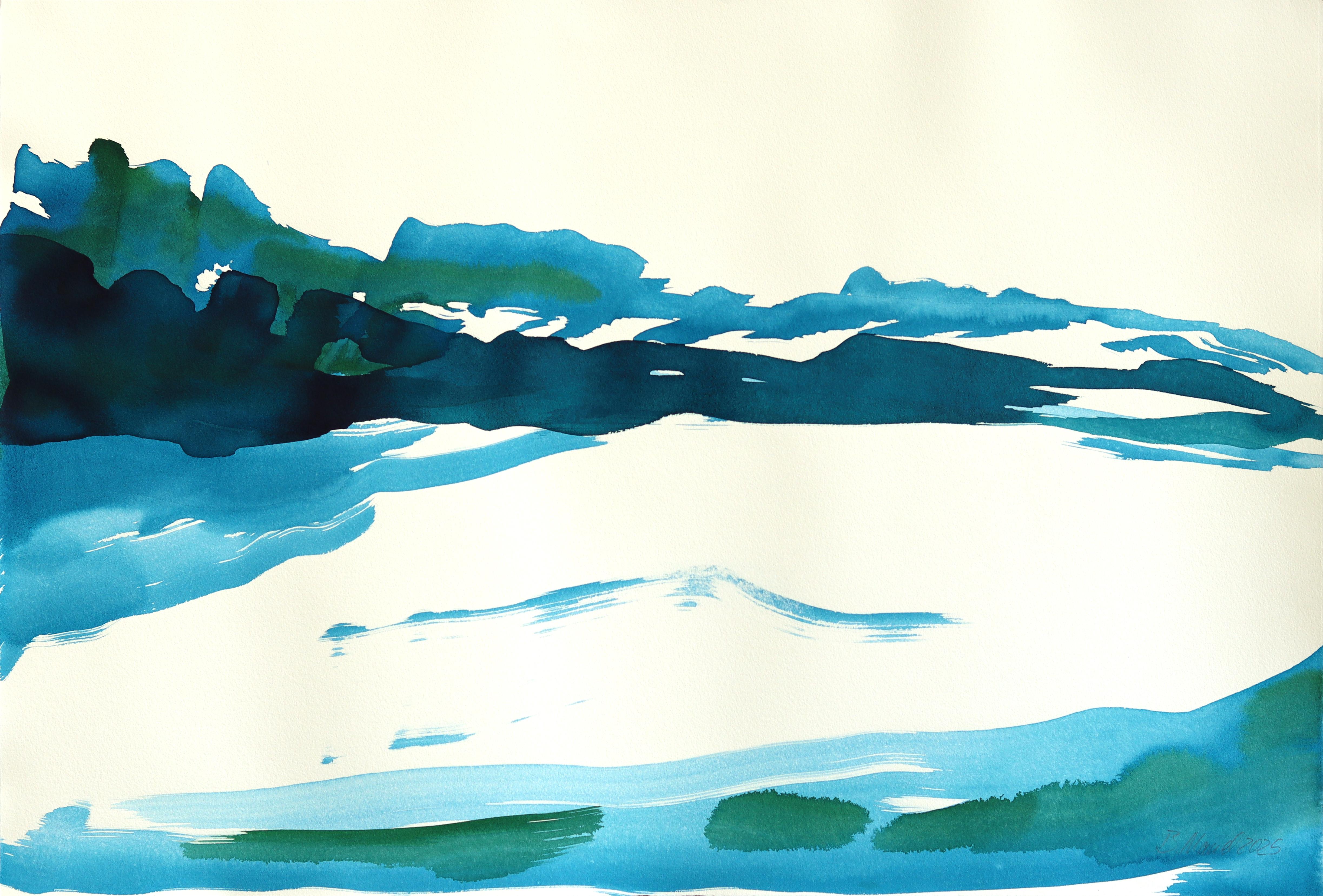 Twilight Landscape 2 - Abstract Expressive Earth Blue Ink Painting on Paper