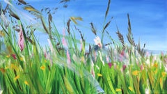 Wiese - Peinture à l'huile sur toile originale colorée de paysage de moisson de fleurs