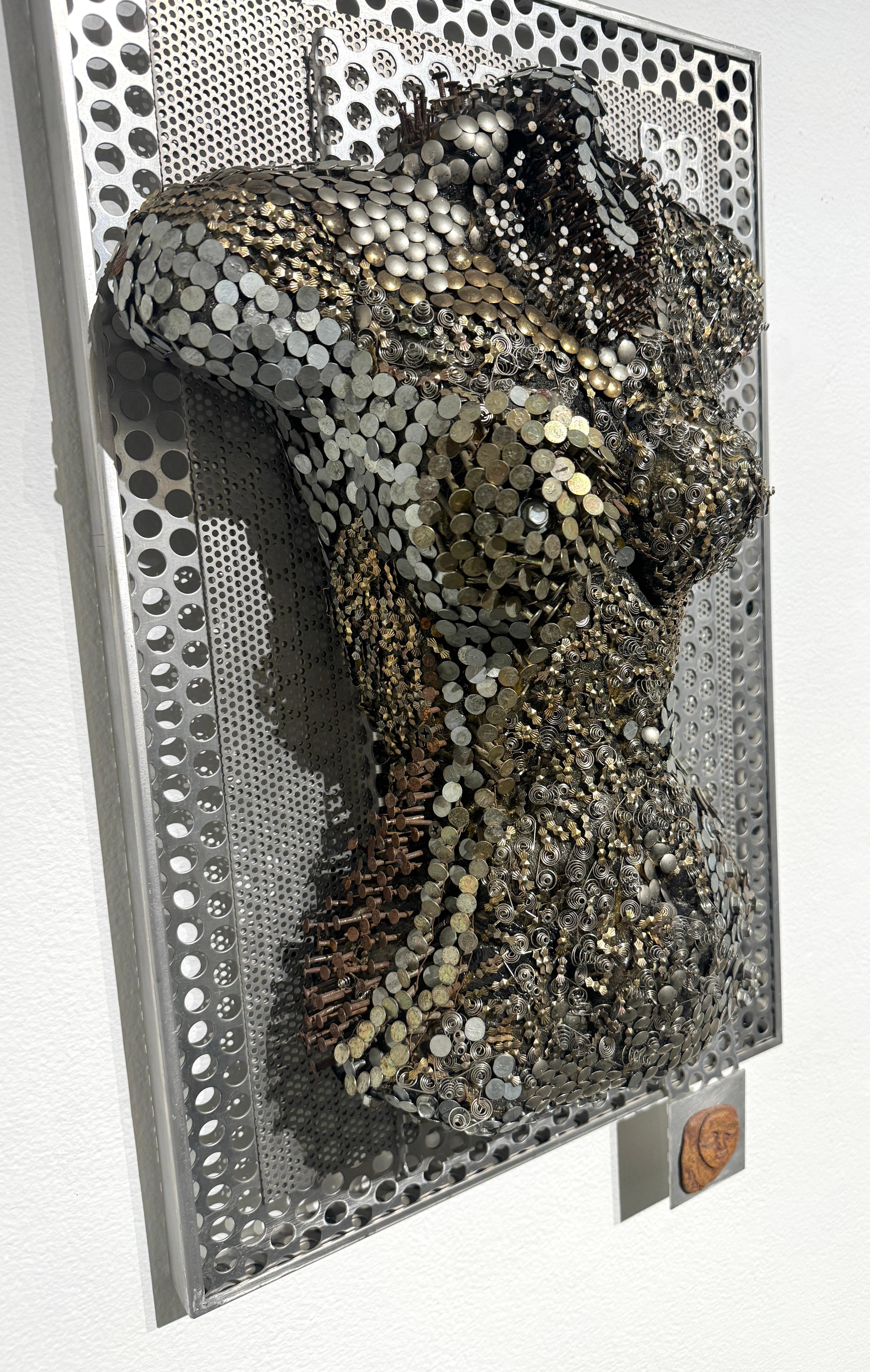 Artist: Betty Bairamian 
Work: Original Sculpture, Handmade Artwork, One of a Kind 
Medium: Metal, Wood, Mixed Media
Year: 2024
Style: Contemporary Art, 
Title: Body Art,
Size: 39.5