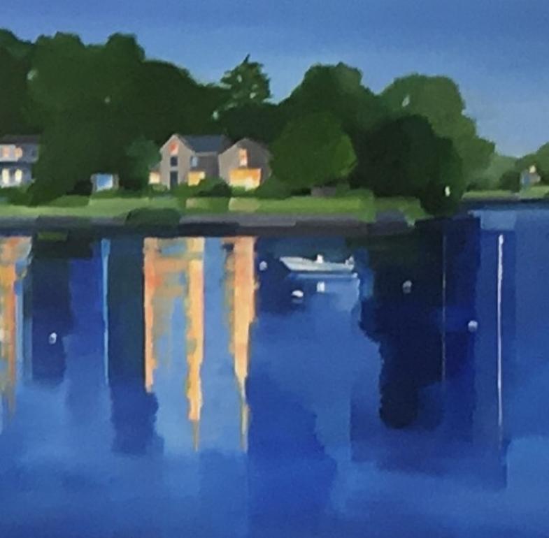Across Five Mile, Waterscape, Reflections, Blue, Water, Landscape, painting - Contemporary Painting by Betty Ball
