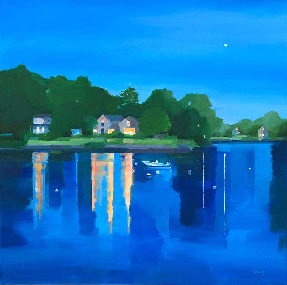 Betty Ball Still-Life Painting - Across Five Mile, Waterscape, Reflections, Blue, Water, Landscape, painting