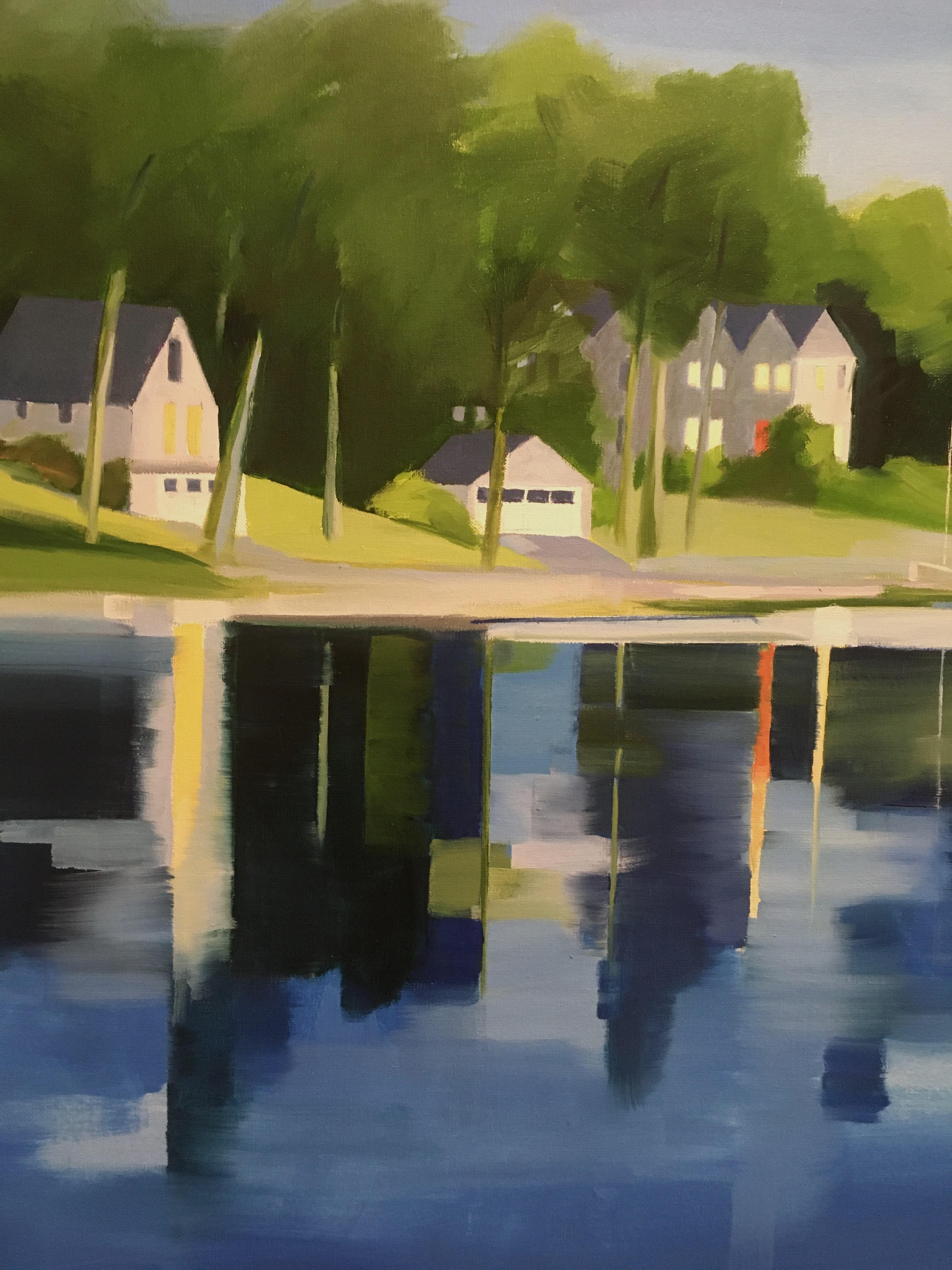 Across the Cove, Waterscape, Reflections, Blue, Water, Landscape Scene, painting - Contemporary Painting by Betty Ball