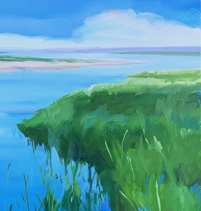 Across the Inlet de Betty Ball fait partie de sa série Land and Sea.  Il s'agit d'une huile sur toile, 30x30.  Il est encadré à 31.5 x 31.5  Il s'élève à 2 675 dollars.  Il s'agit d'un magnifique paysage et d'un paysage aquatique rempli de lumière,