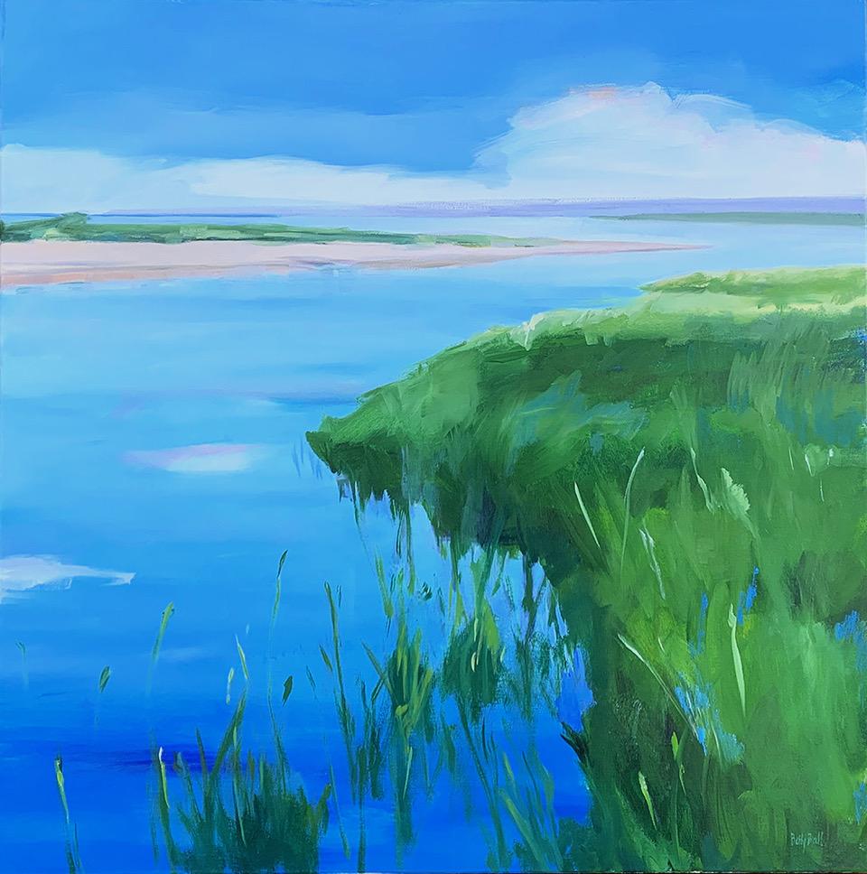 Betty Ball Still-Life Painting - Across the Inlet, Waterscape, Reflection, Blue, Water, Landscape Scene, painting