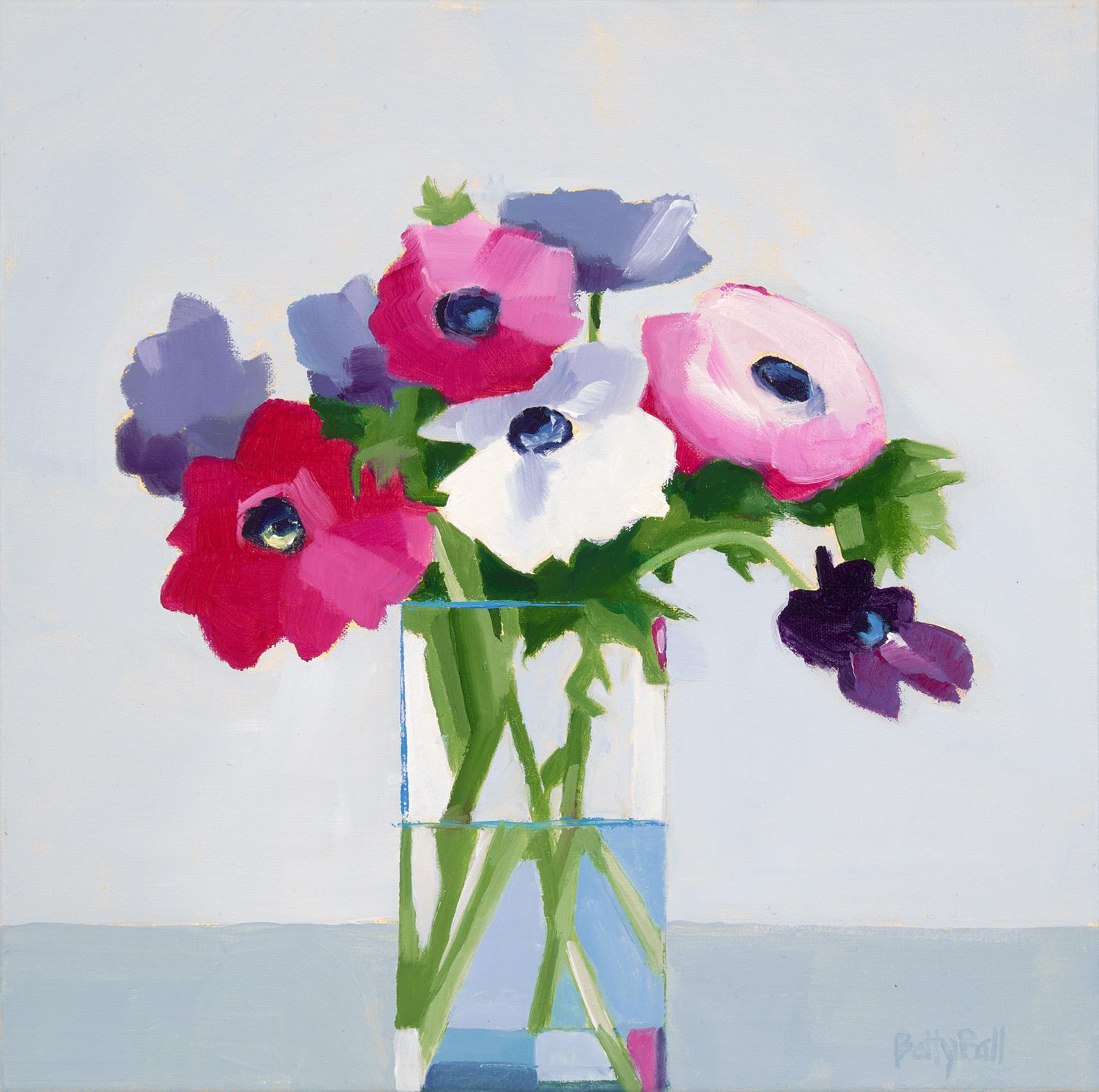 Betty Ball Still-Life Painting – Anemone Frühling, Ölgemälde, Weiß,  Blumen, Rot, Rosa, Lila, Muttertag, Mothers Day