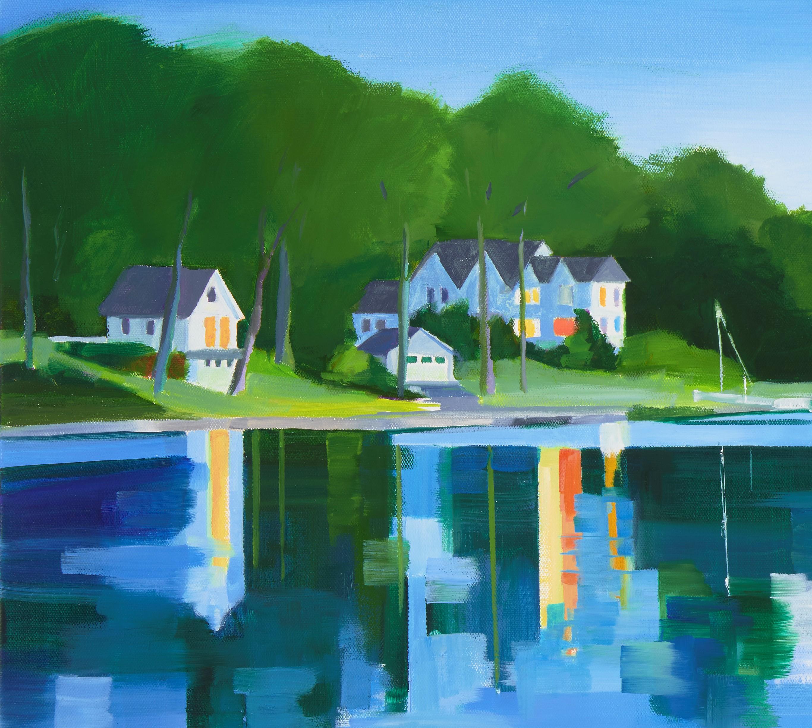 Contentment Island, Landscape, Waterscape, Reflections, Blue, Water - Painting by Betty Ball