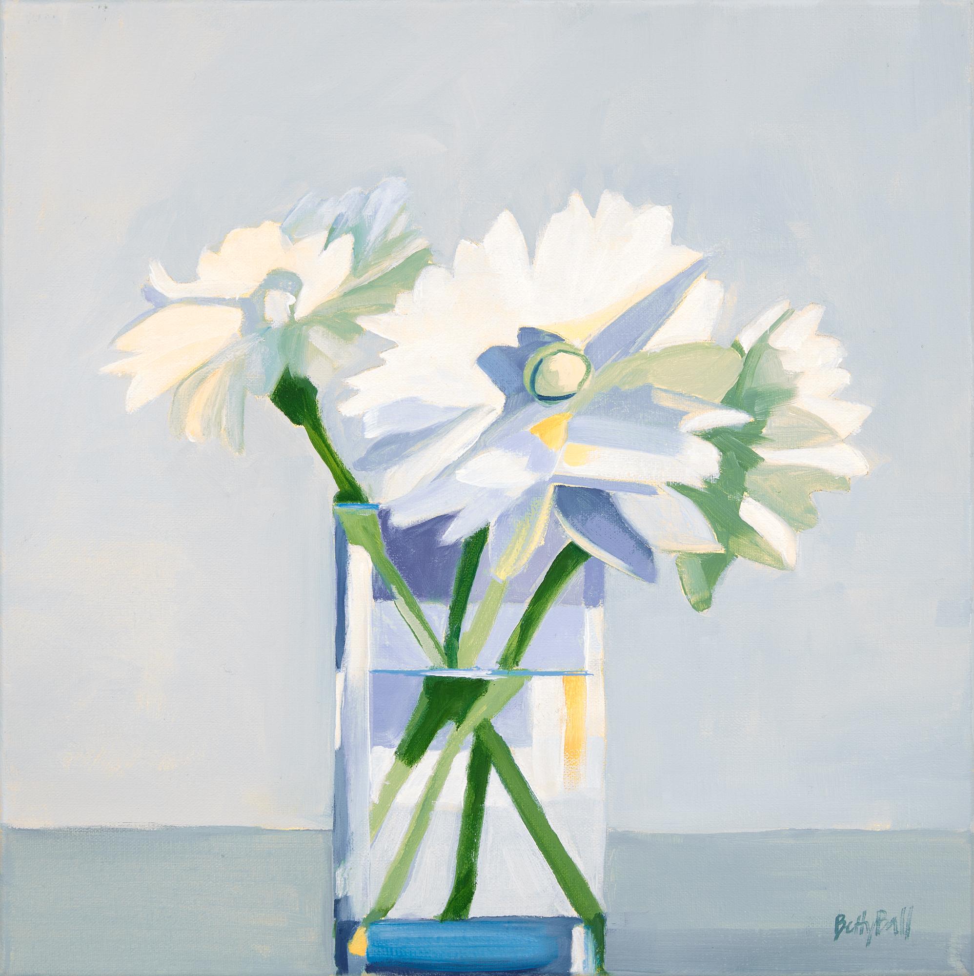 Betty Ball Interior Painting – Marguerite, Gemälde, weiße Blumen, gelbe, Muttertag, Vase, Ölgemälde