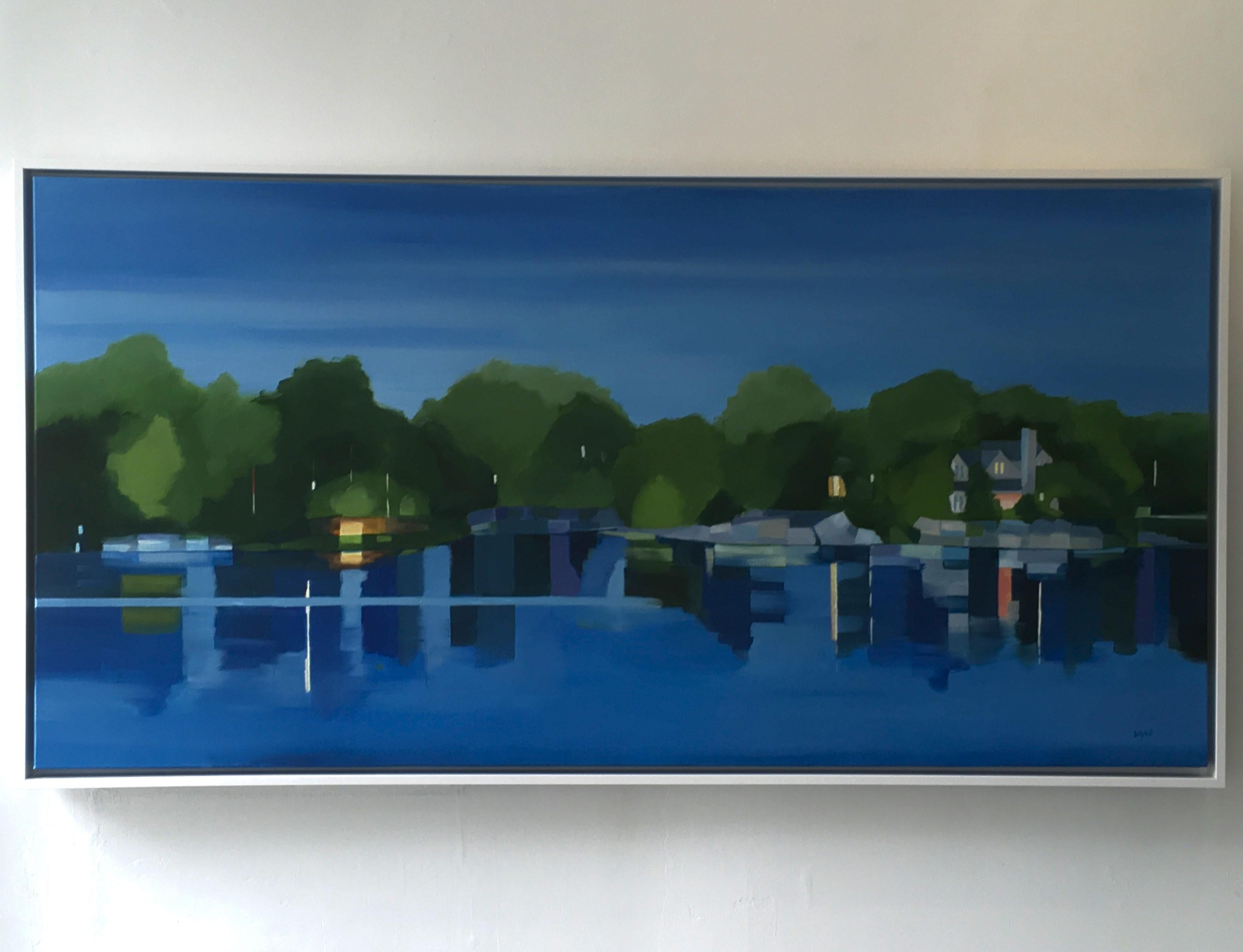 Meet Me at The Cove di Betty Ball fa parte della serie Land and Sea.  Si tratta di un olio su tela, 24x48.  Ha una cornice galleggiante bianca.  Il prezzo è di 2.895 dollari.  Si tratta di un bellissimo paesaggio e paesaggio acquatico pieno di luce,