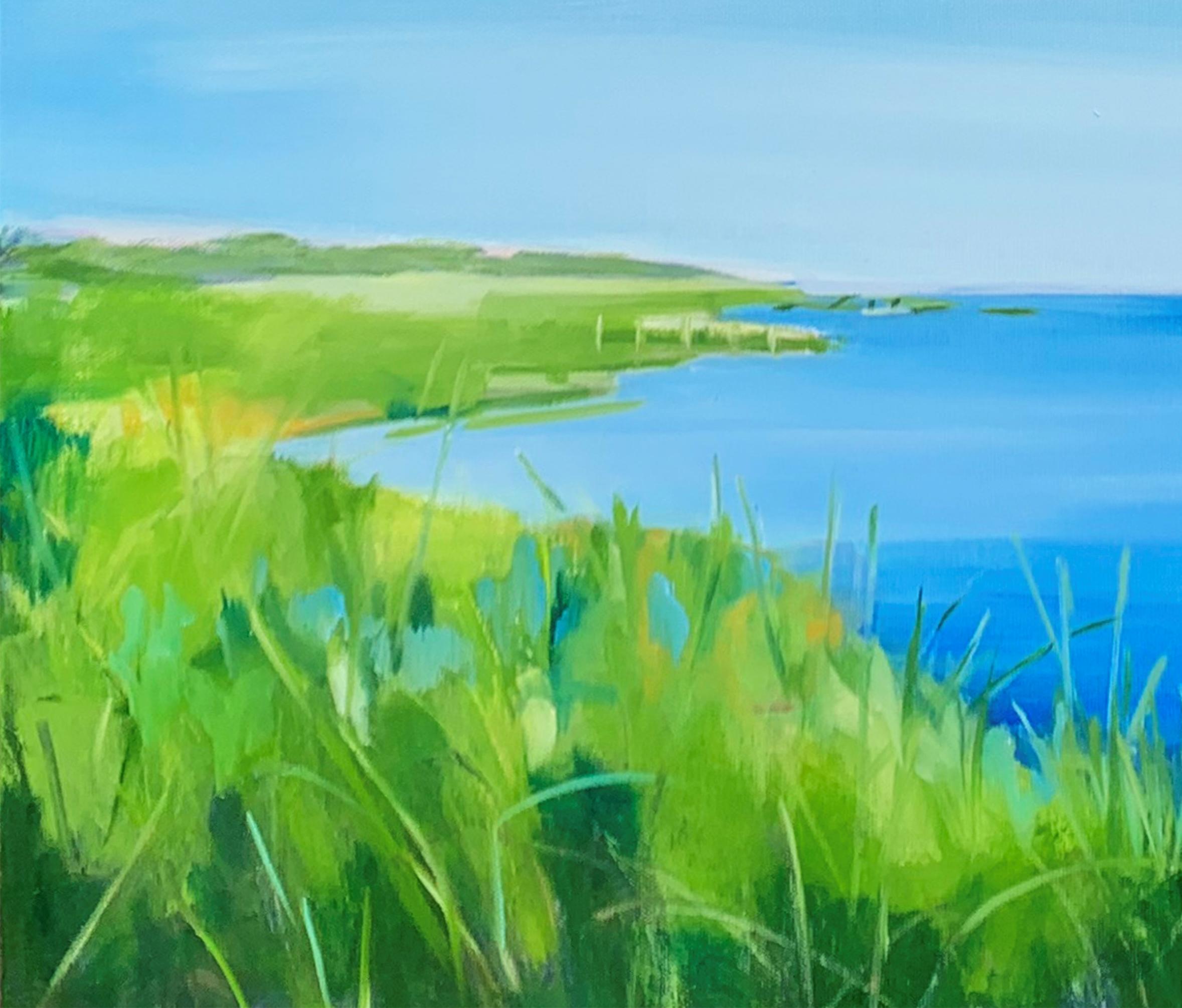 Paper Canoe, Waterscape, Blue, Water, Seascape, Grassy, Green - Contemporary Painting by Betty Ball