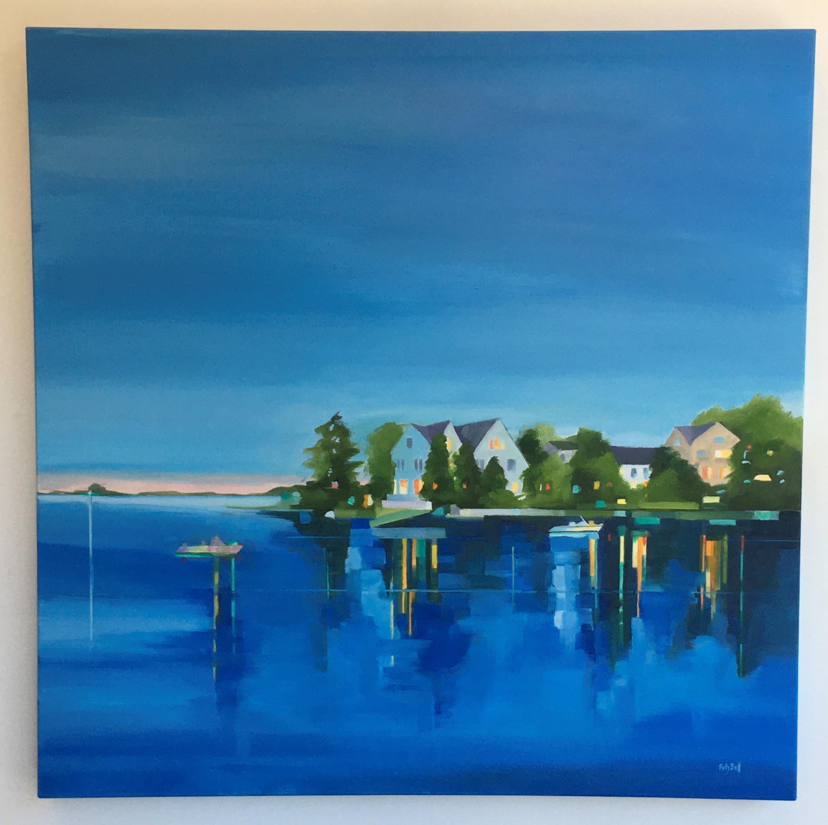 Summer Bluff, Landscape, Waterscape, Reflections, Blue, Water,  - Painting by Betty Ball