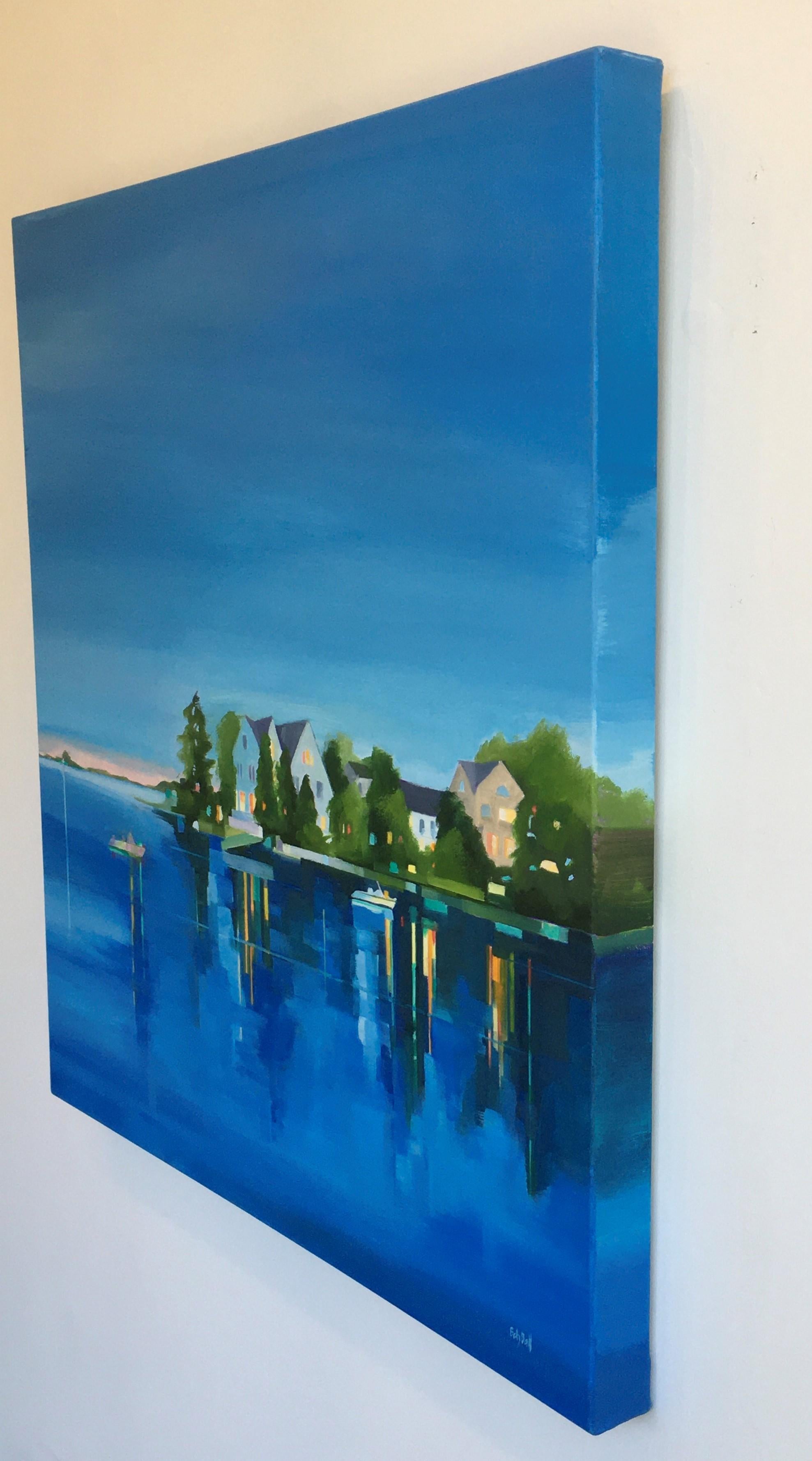Summer Bluff, Landscape, Waterscape, Reflections, Blue, Water,  - Contemporary Painting by Betty Ball