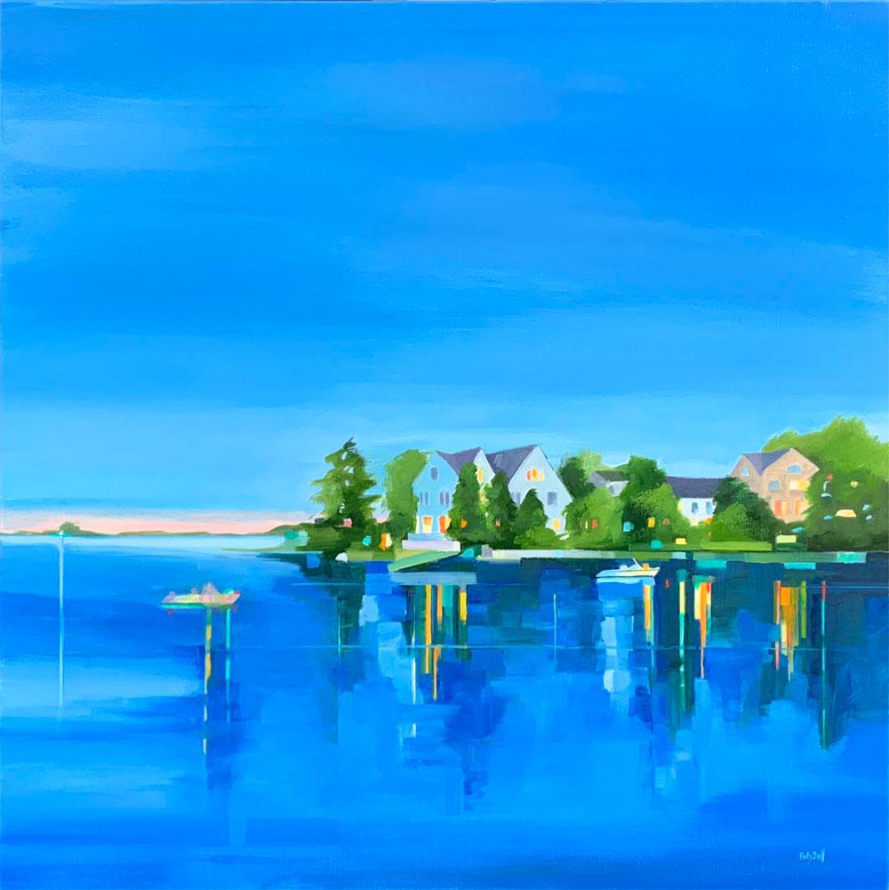 Betty Ball Still-Life Painting - Summer Bluff, Landscape, Waterscape, Reflections, Blue, Water, 
