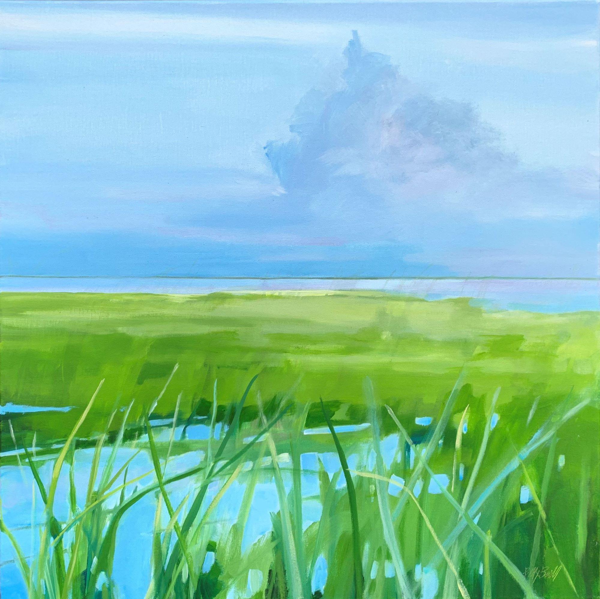 Water's Edge, Waterscape, Blue, Water, Seascape, Grassy, Green - Contemporary Painting by Betty Ball