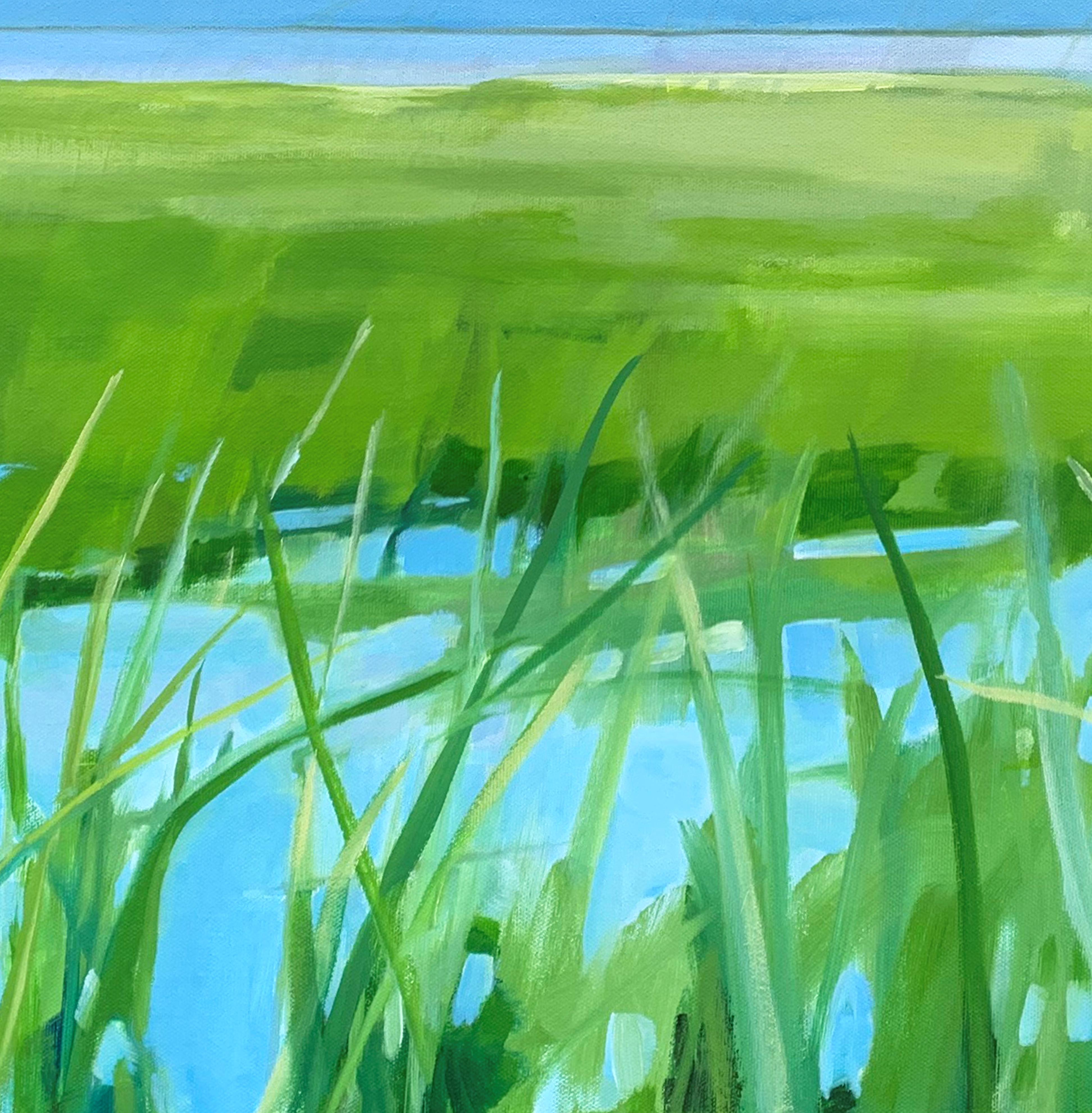 Water's Edge by Betty Ball is part of her Land and Sea series.  It is Oil on Canvas, 24 x 24. The framed size, in a white float frame, is 25.5 x 25.5. It is a beautiful landscape and waterscape filled with light, water and grassy landscapes.  It is