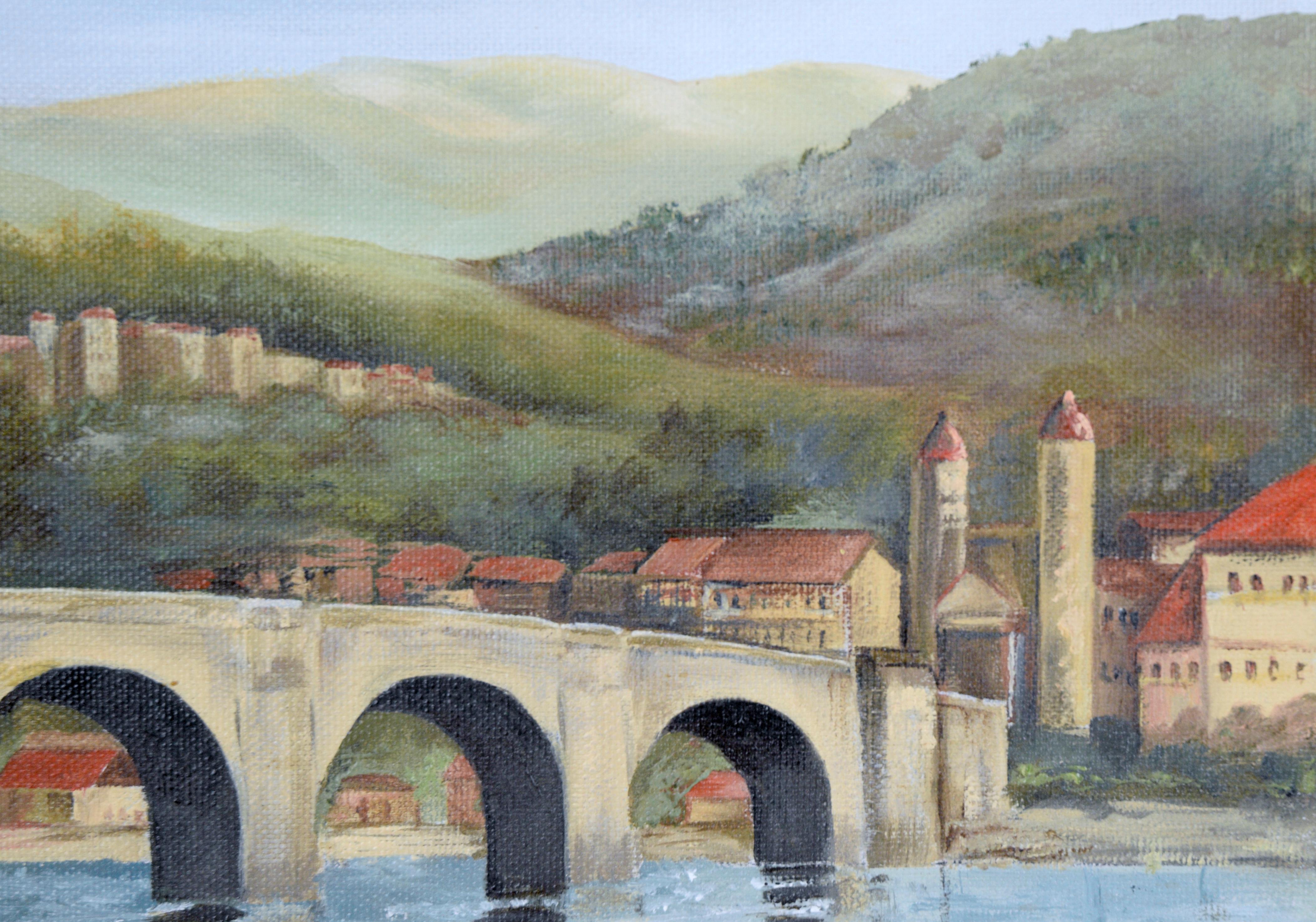 „Bridge Over the Neckar, Stadt Heidelberg“ – Originales Ölgemälde auf Leinwand

Eine wunderschöne deutsche Landschaft der amerikanischen Malerin Betty Brenner (1922-2016), die die Karl-Theodor-Brücke und ihre Spiegelung festhält. Die Alte Brücke ist