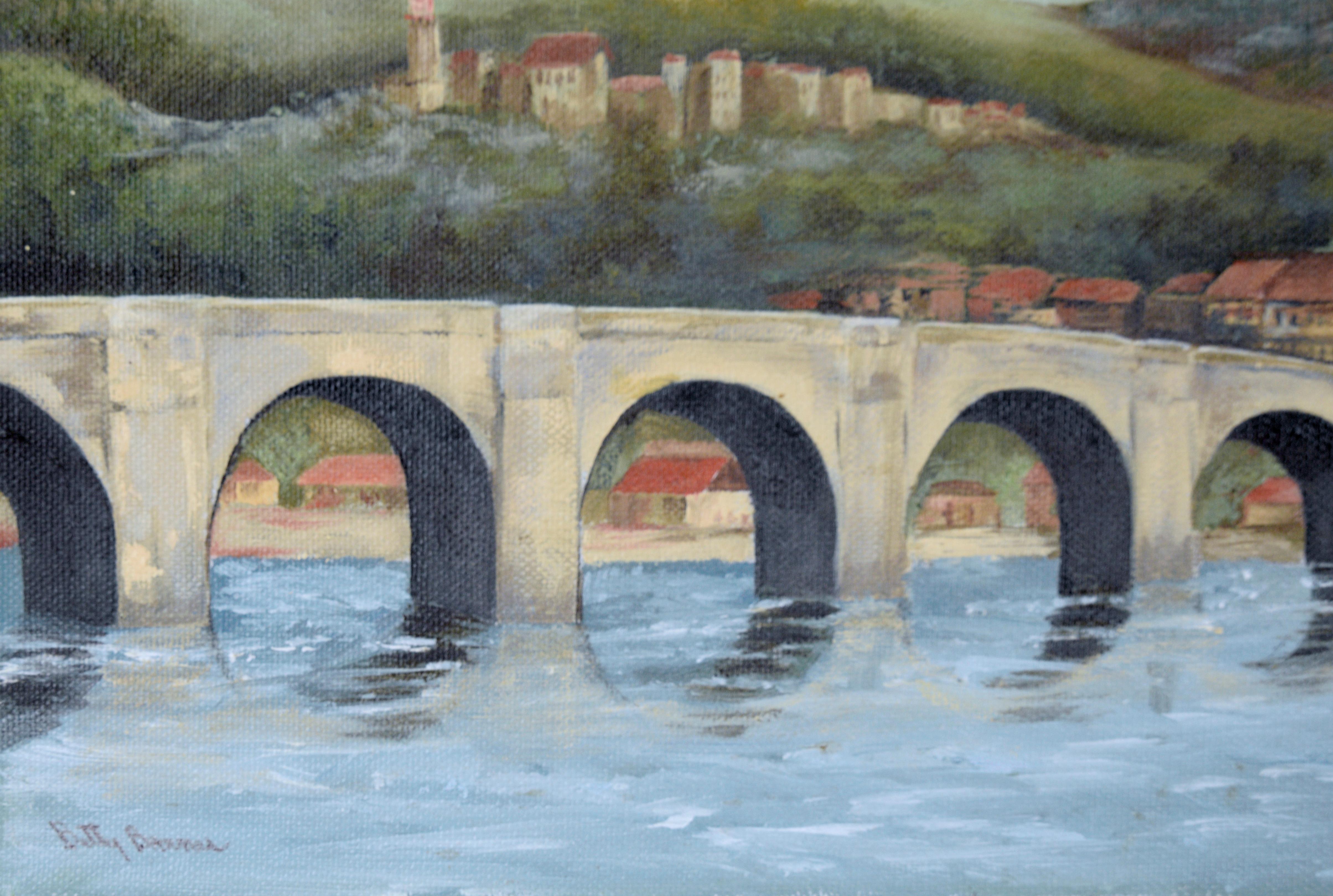 „Bridge Over the Neckar, Stadt Heidelberg“ – Originales Ölgemälde auf Leinwand im Angebot 1