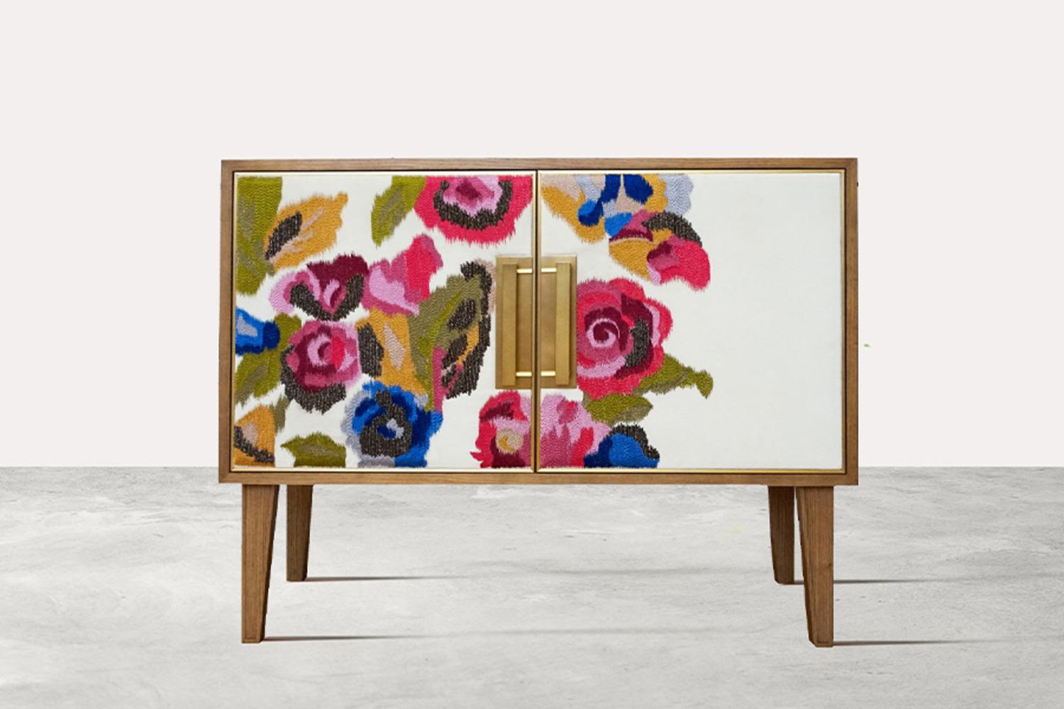 Betty Cabinet Ikat Floral - Hand embroidered luxury furniture For Sale 1