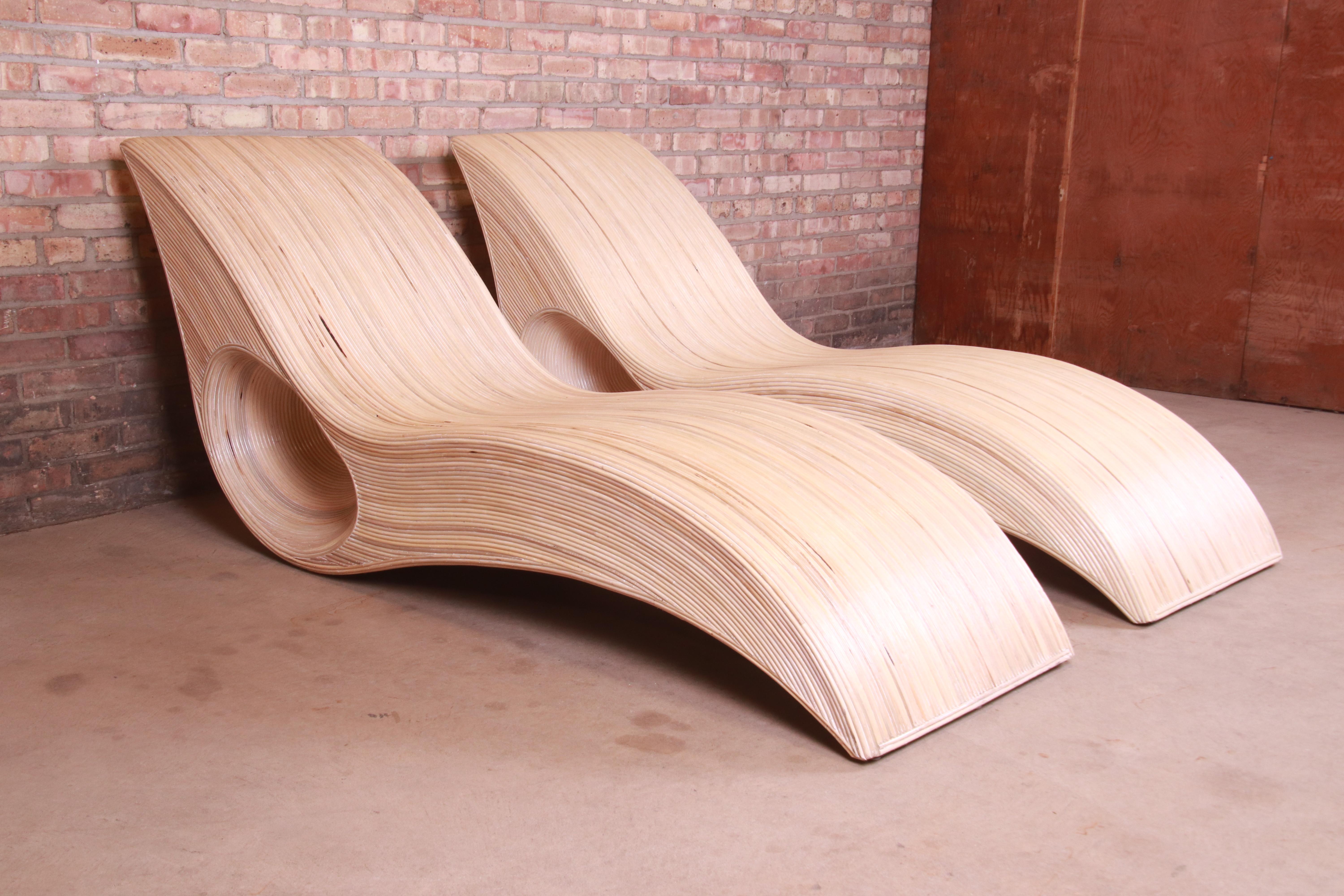 Late 20th Century Betty Cobonpue Sculptural Split Reed Rattan Chaise Lounges, Pair For Sale